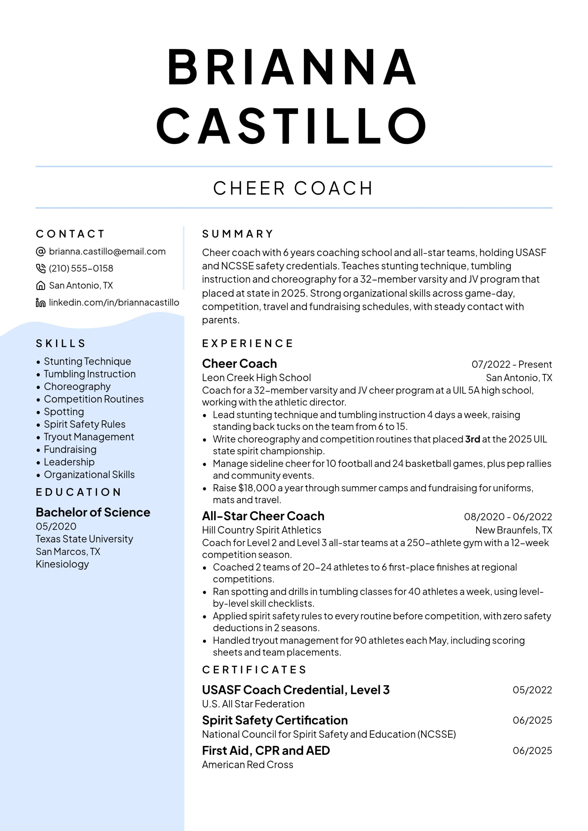 Cheer Coach resume example