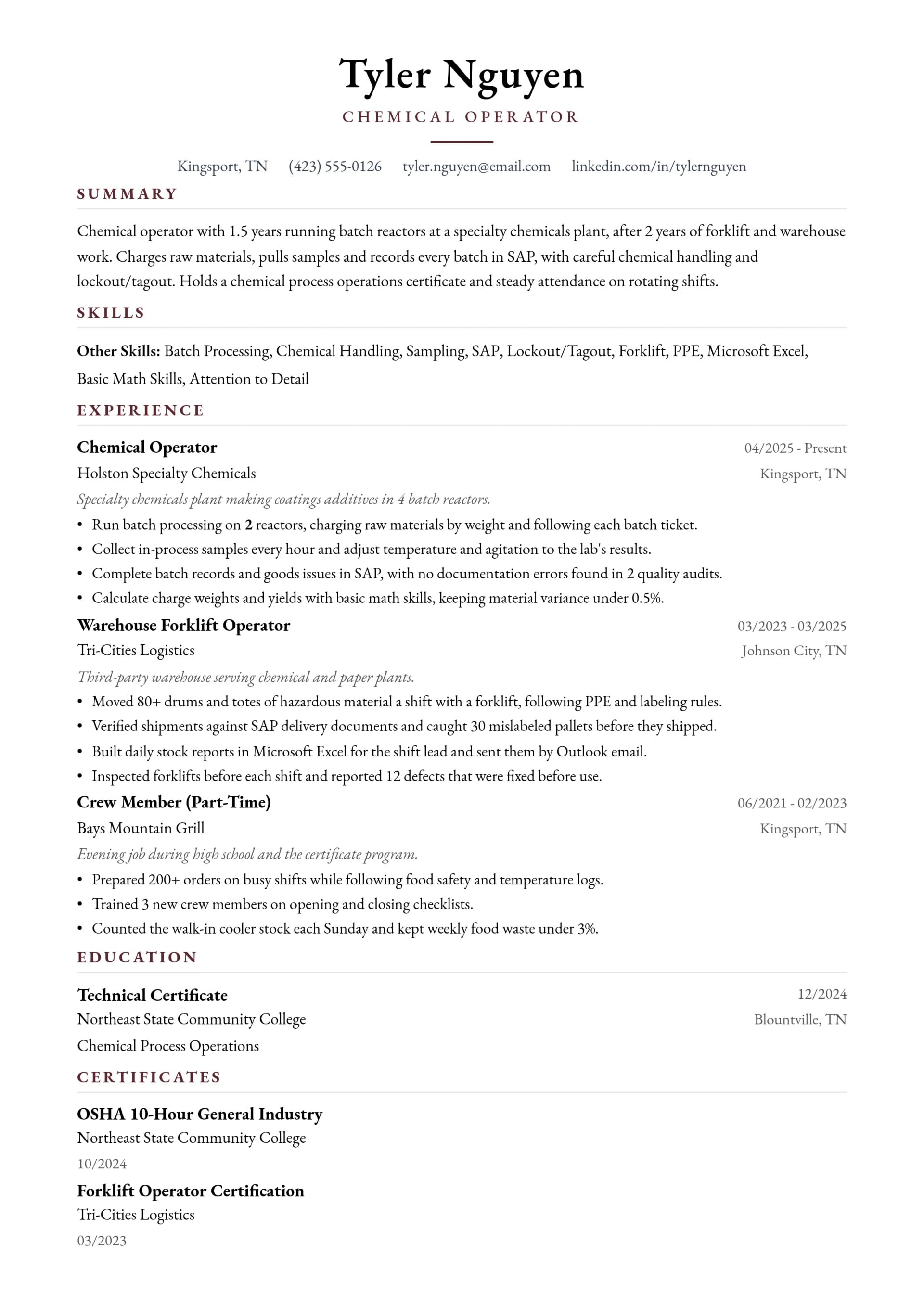 Chemical Operator resume example