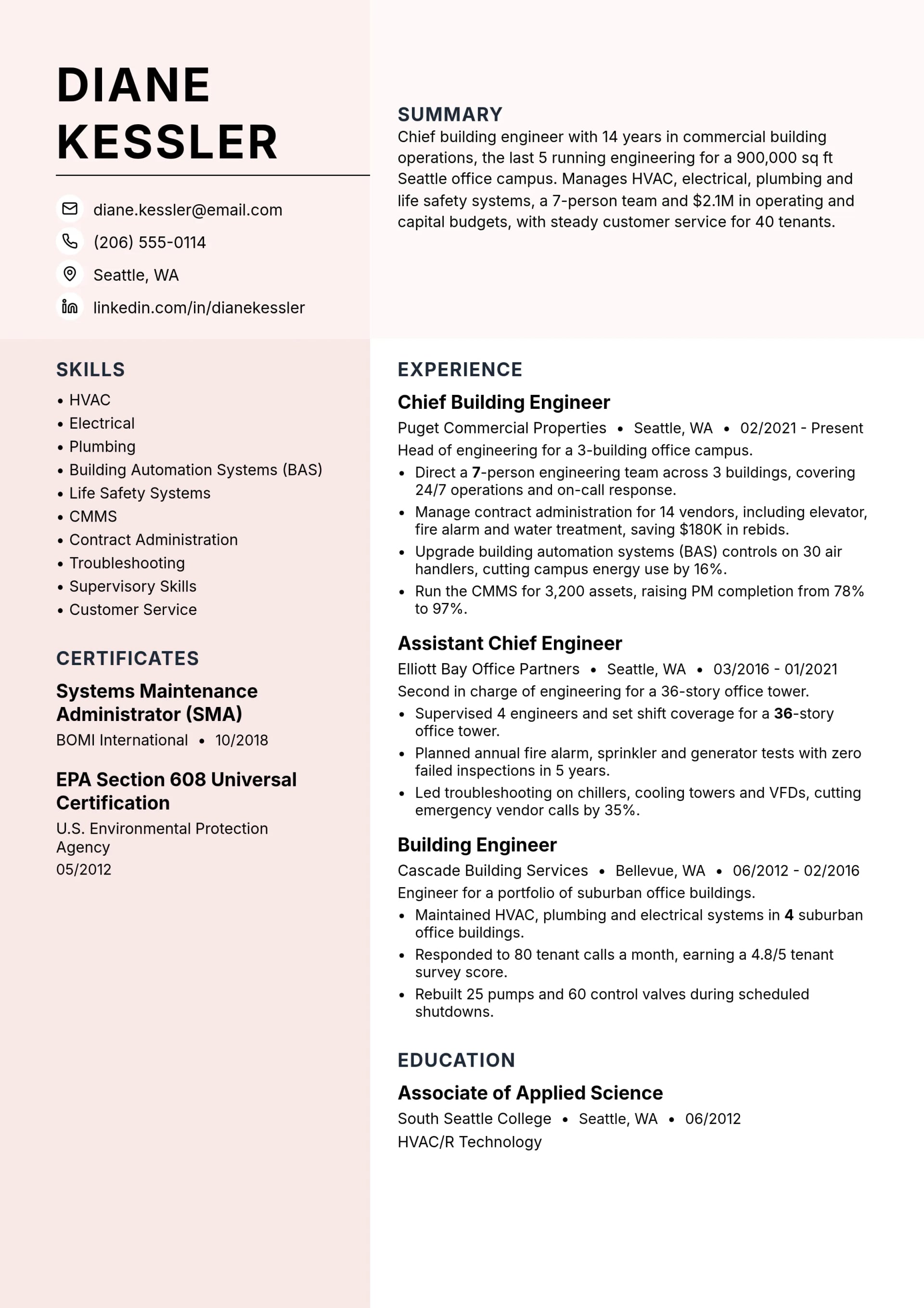 Chief Building Engineer resume example