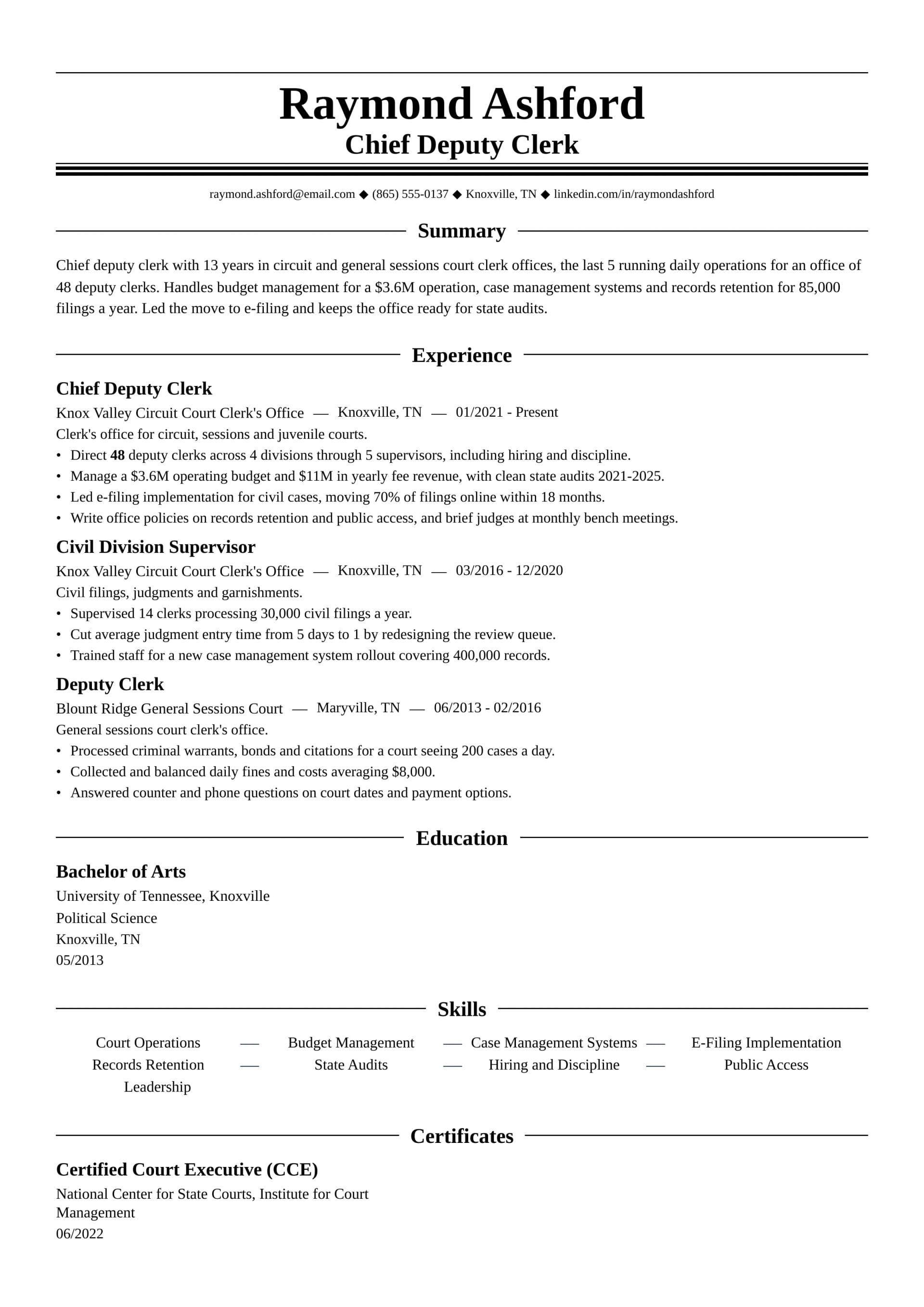 Chief Deputy Clerk resume example