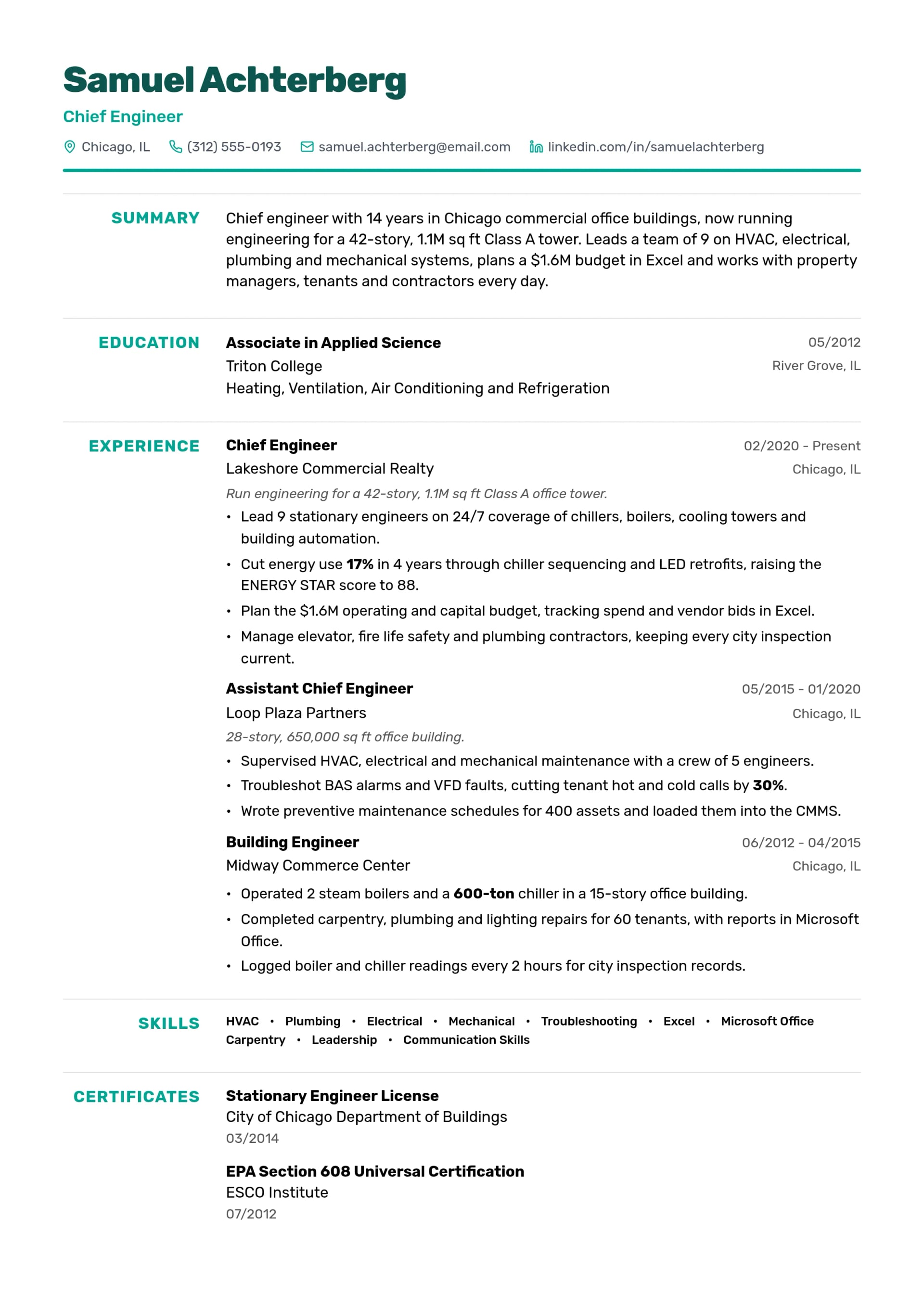 Chief Engineer resume example