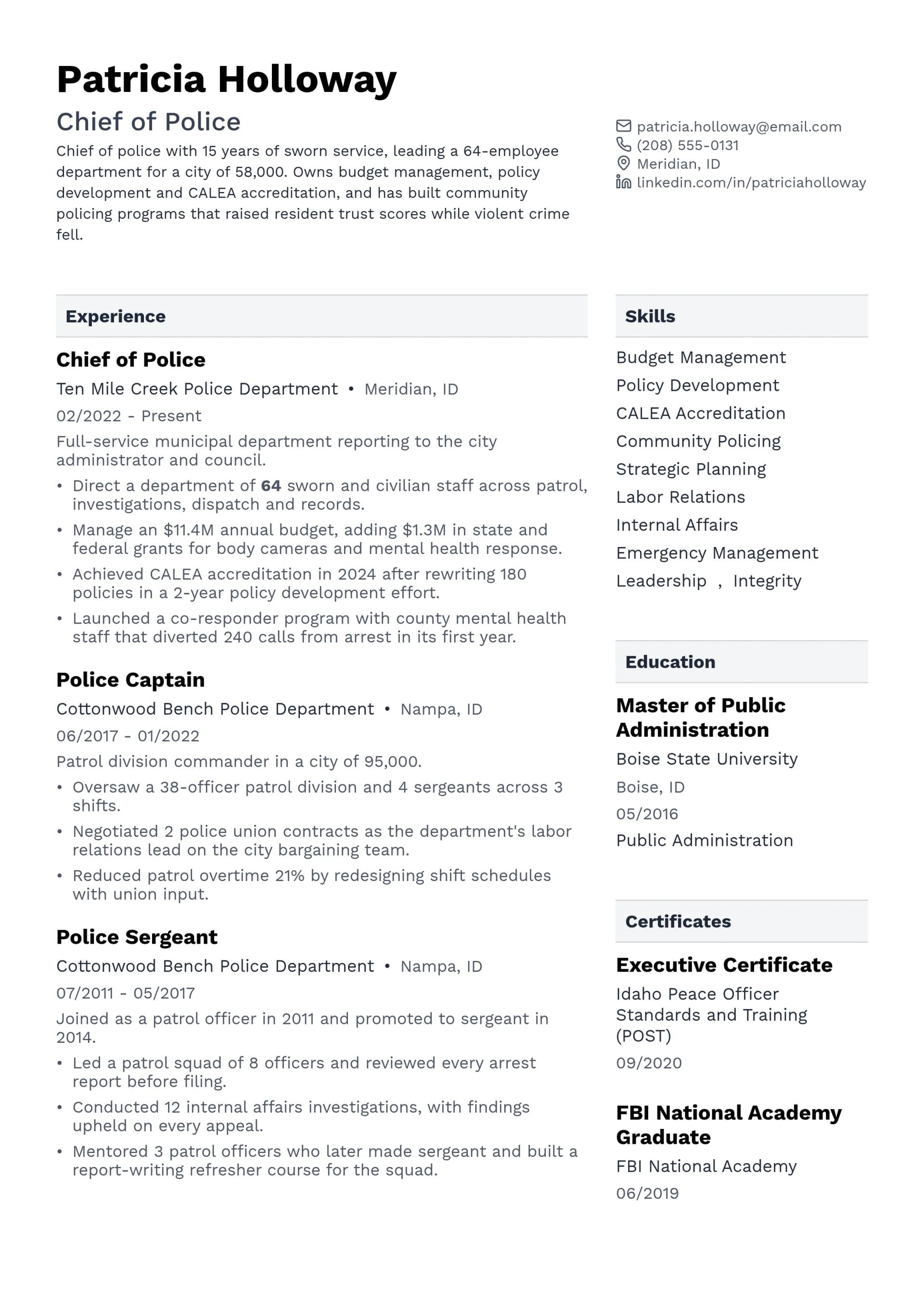 Chief of Police resume example