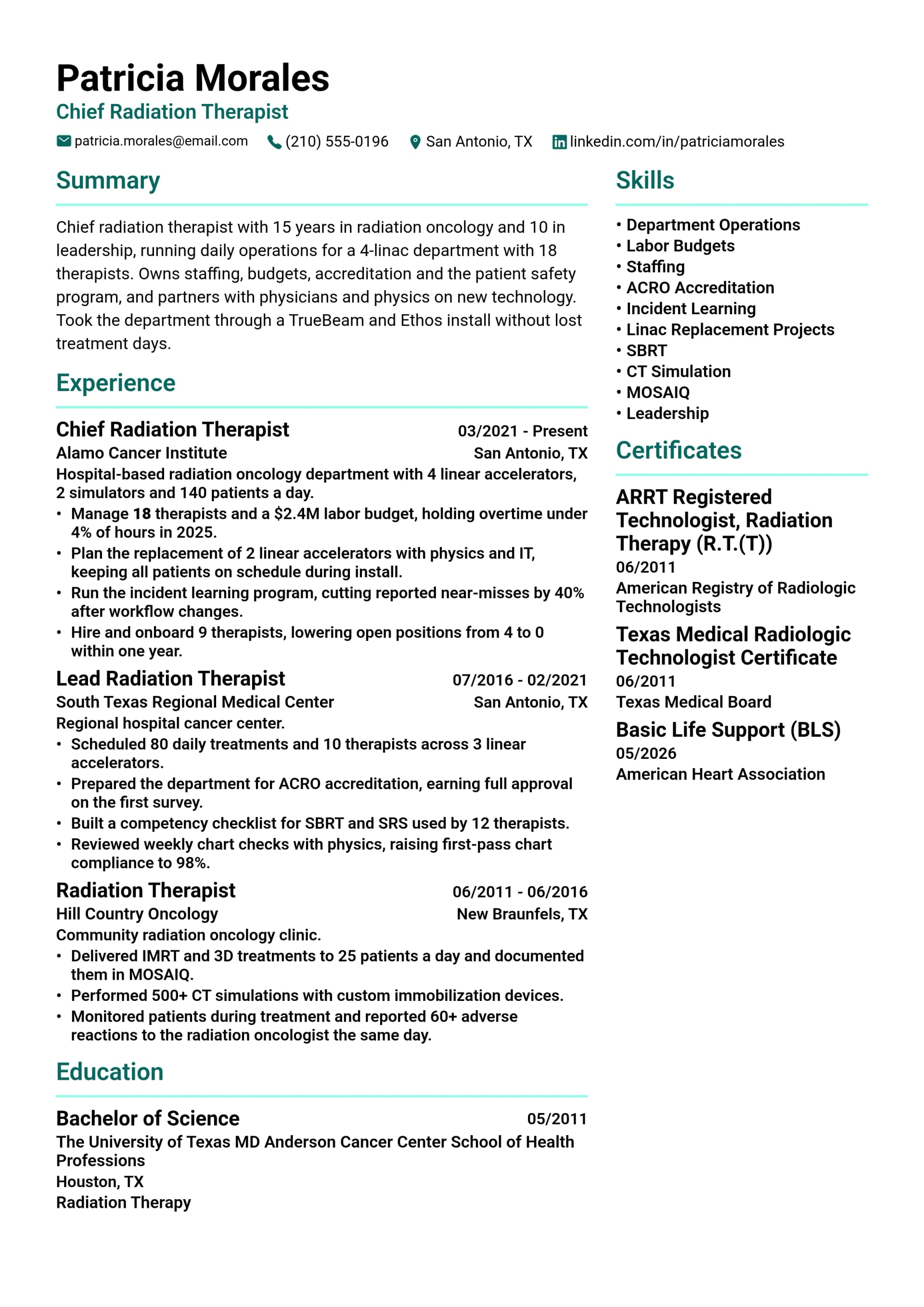 Chief Radiation Therapist resume example