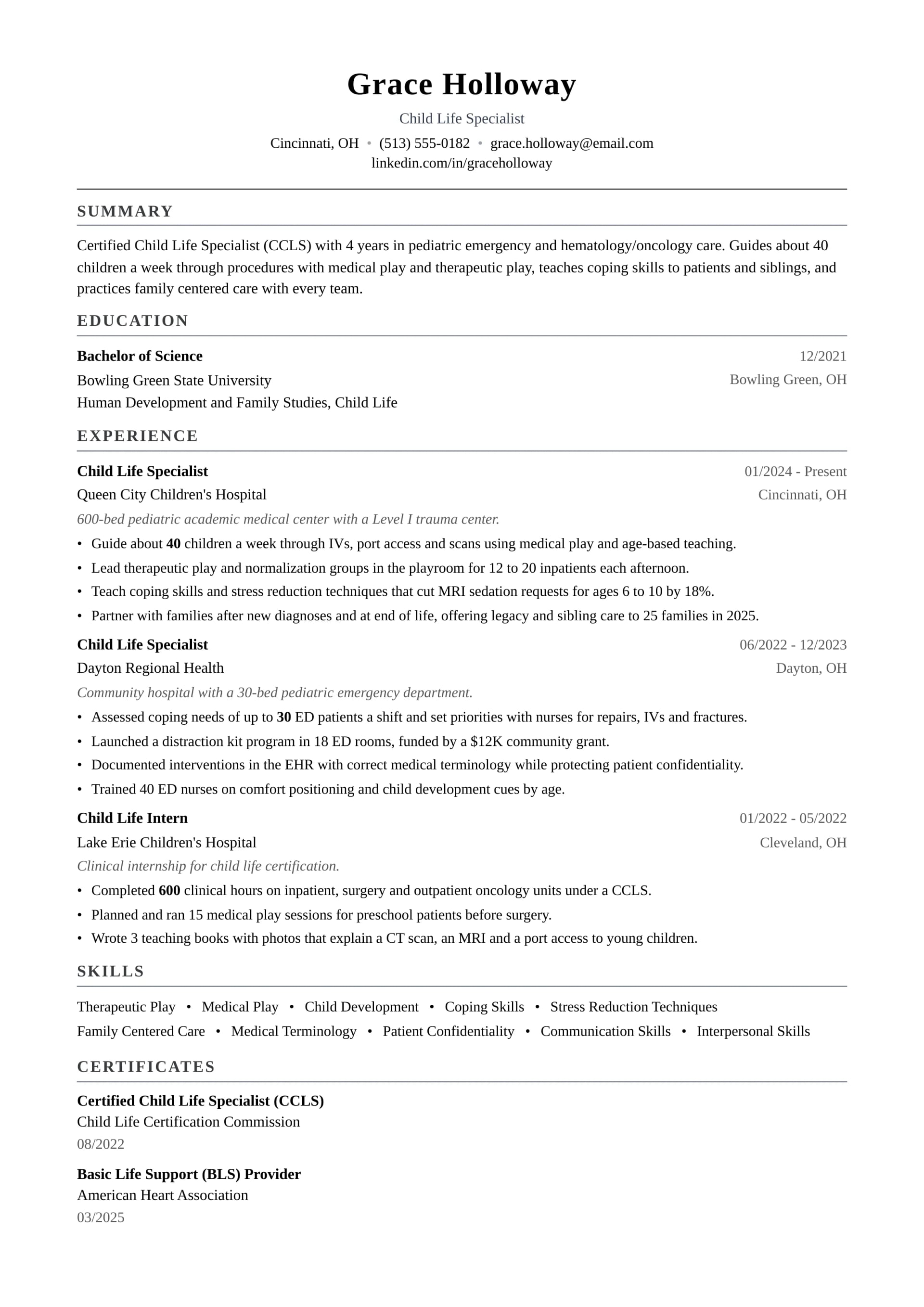Child Life Specialist resume example