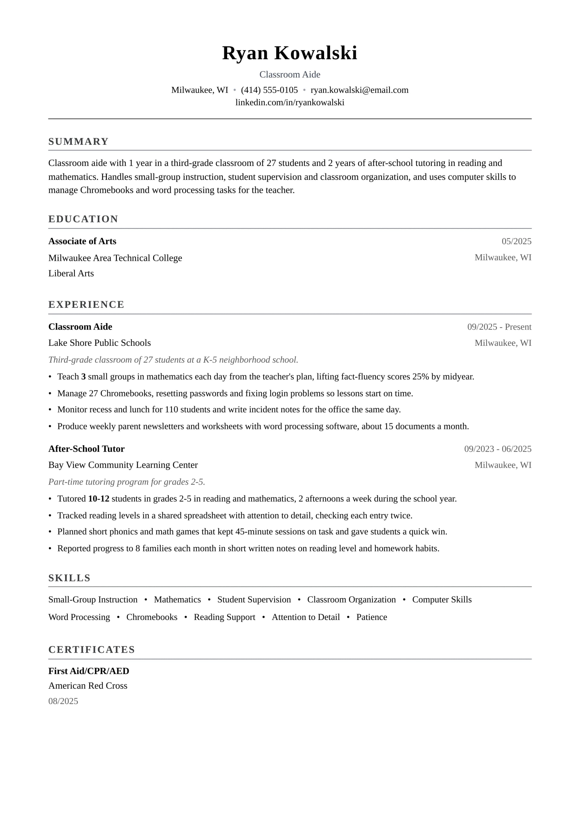 Classroom Aide resume example