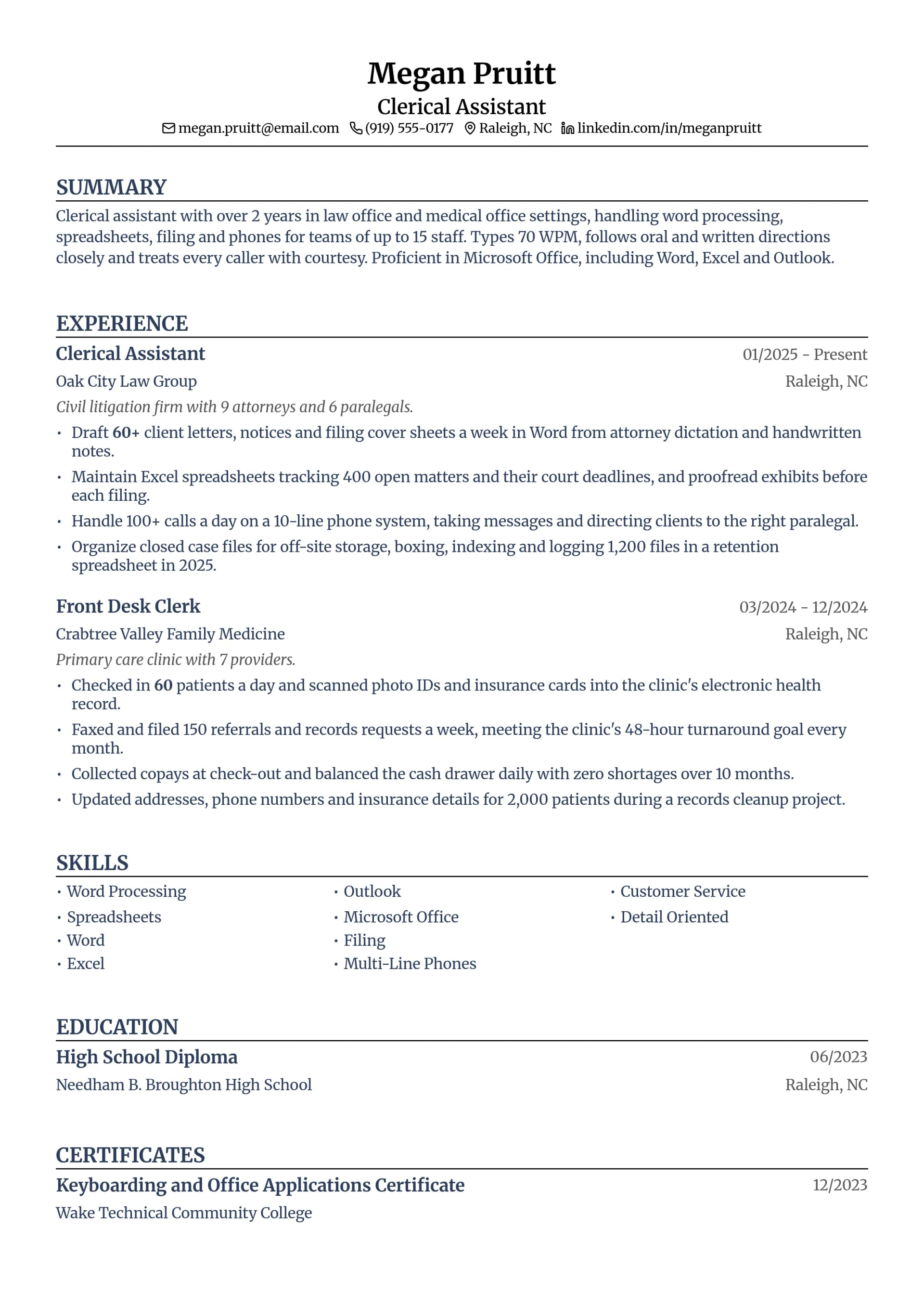 Clerical Assistant resume example