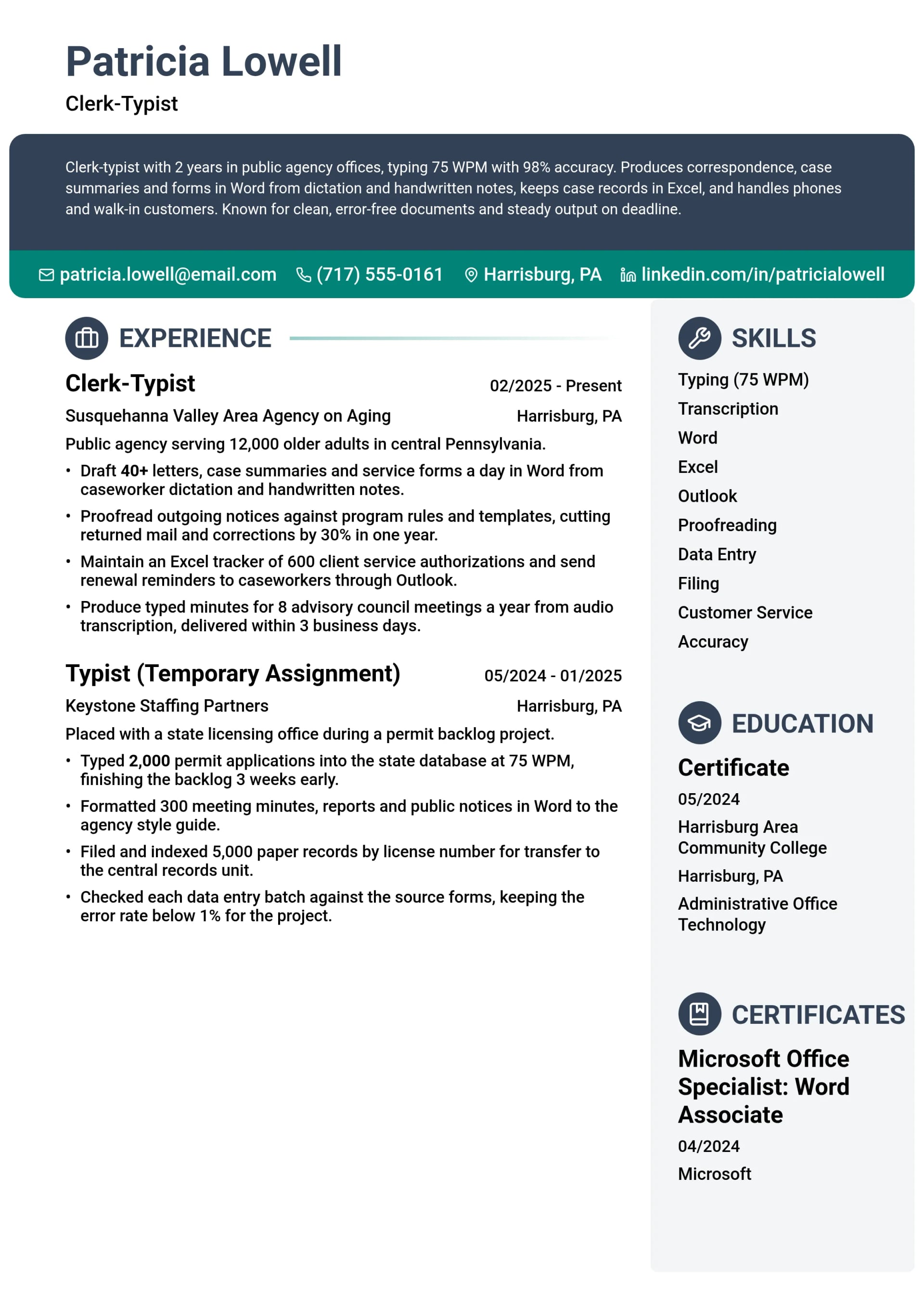 Clerk-Typist resume example