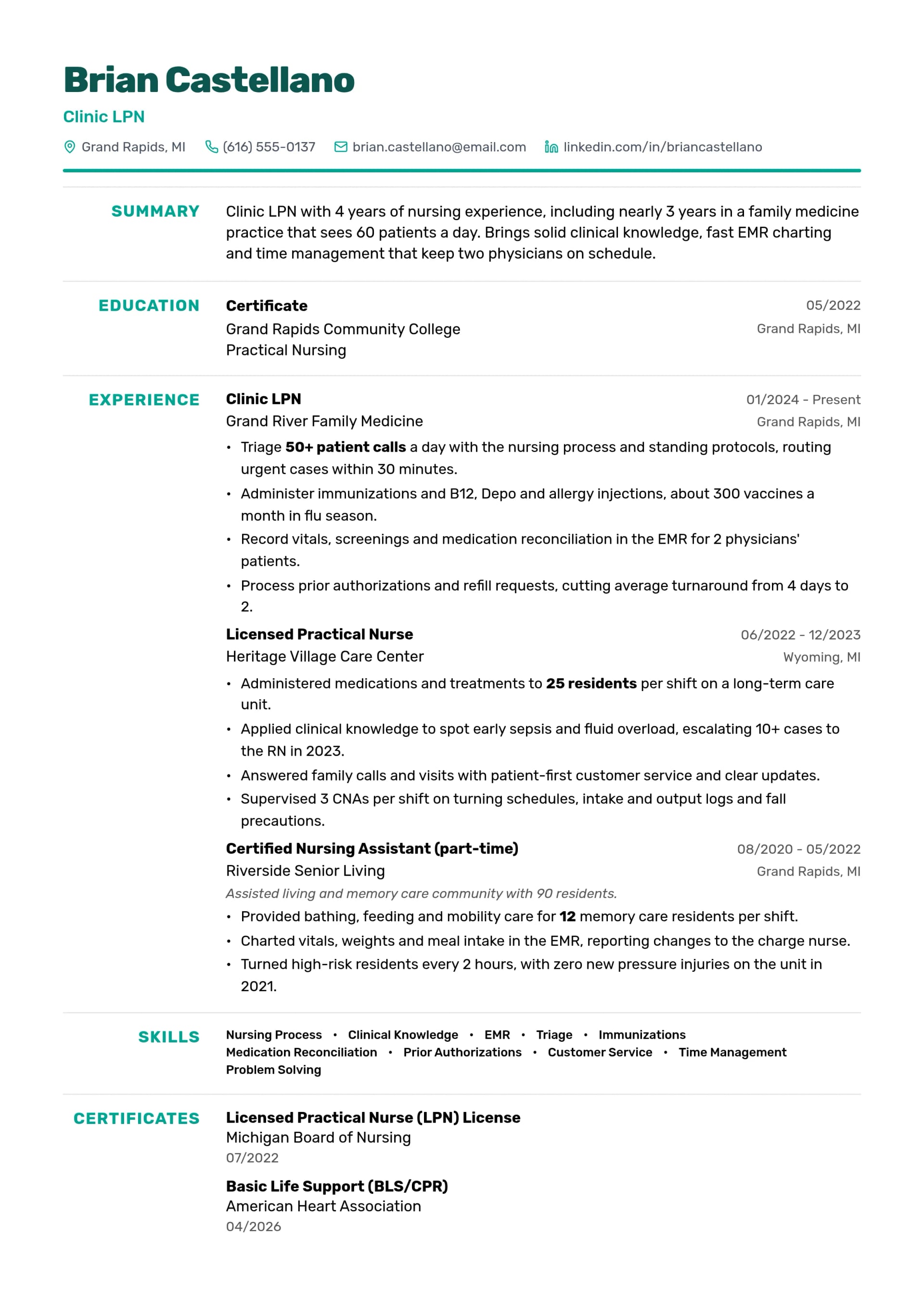 Clinic LPN resume example