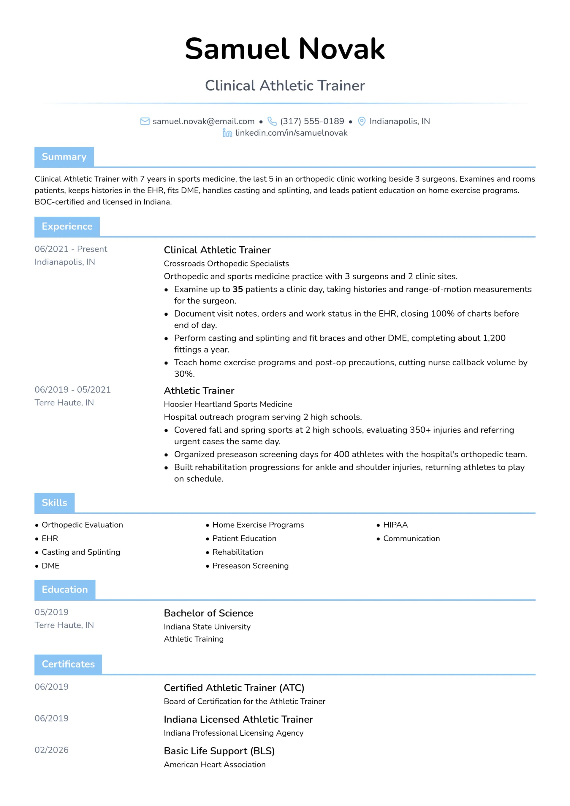 Clinical Athletic Trainer resume example