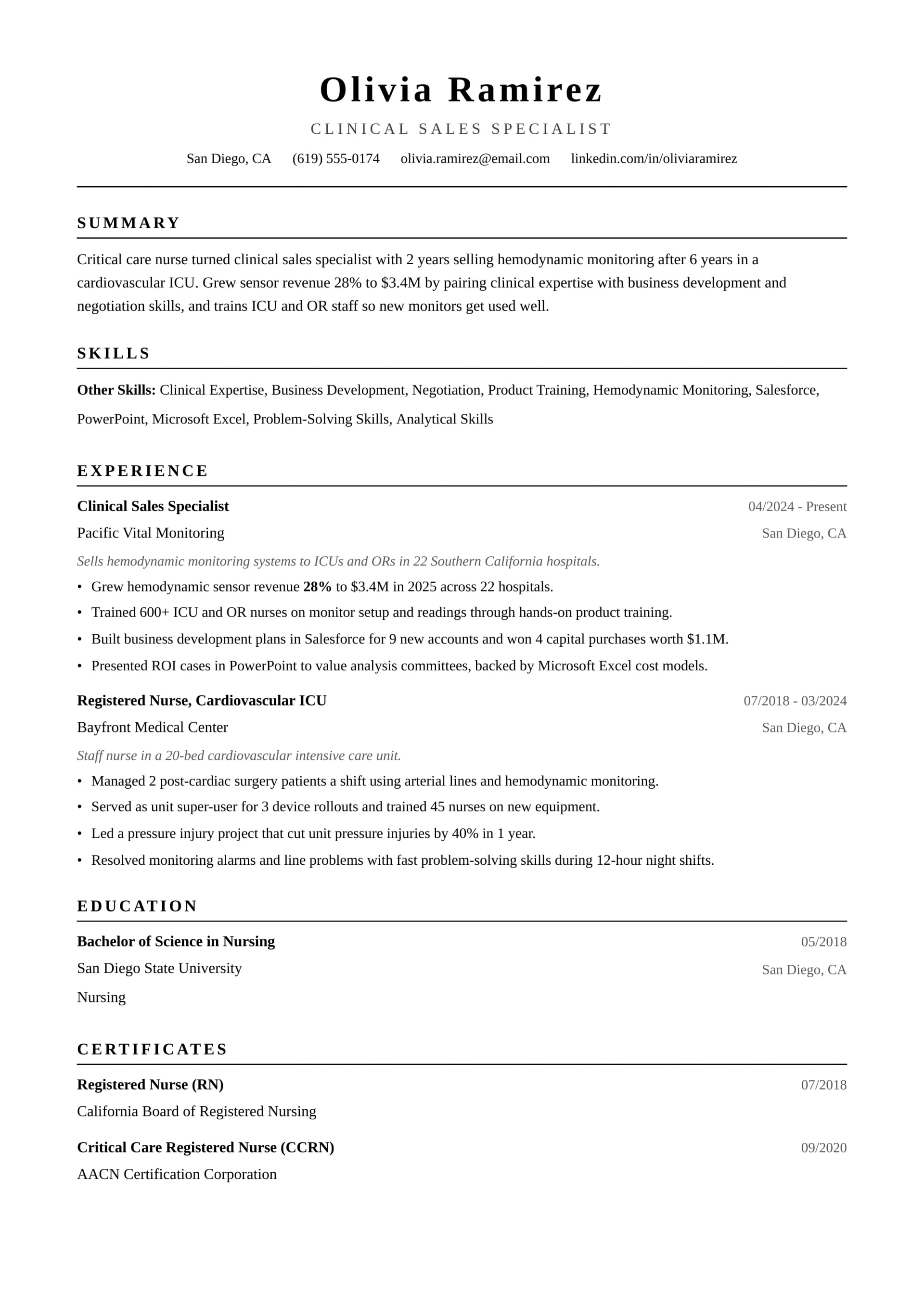 Clinical Sales Specialist resume example