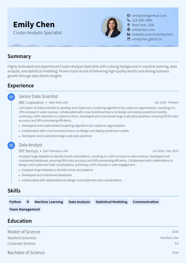 Cluster Analysis Specialist resume example