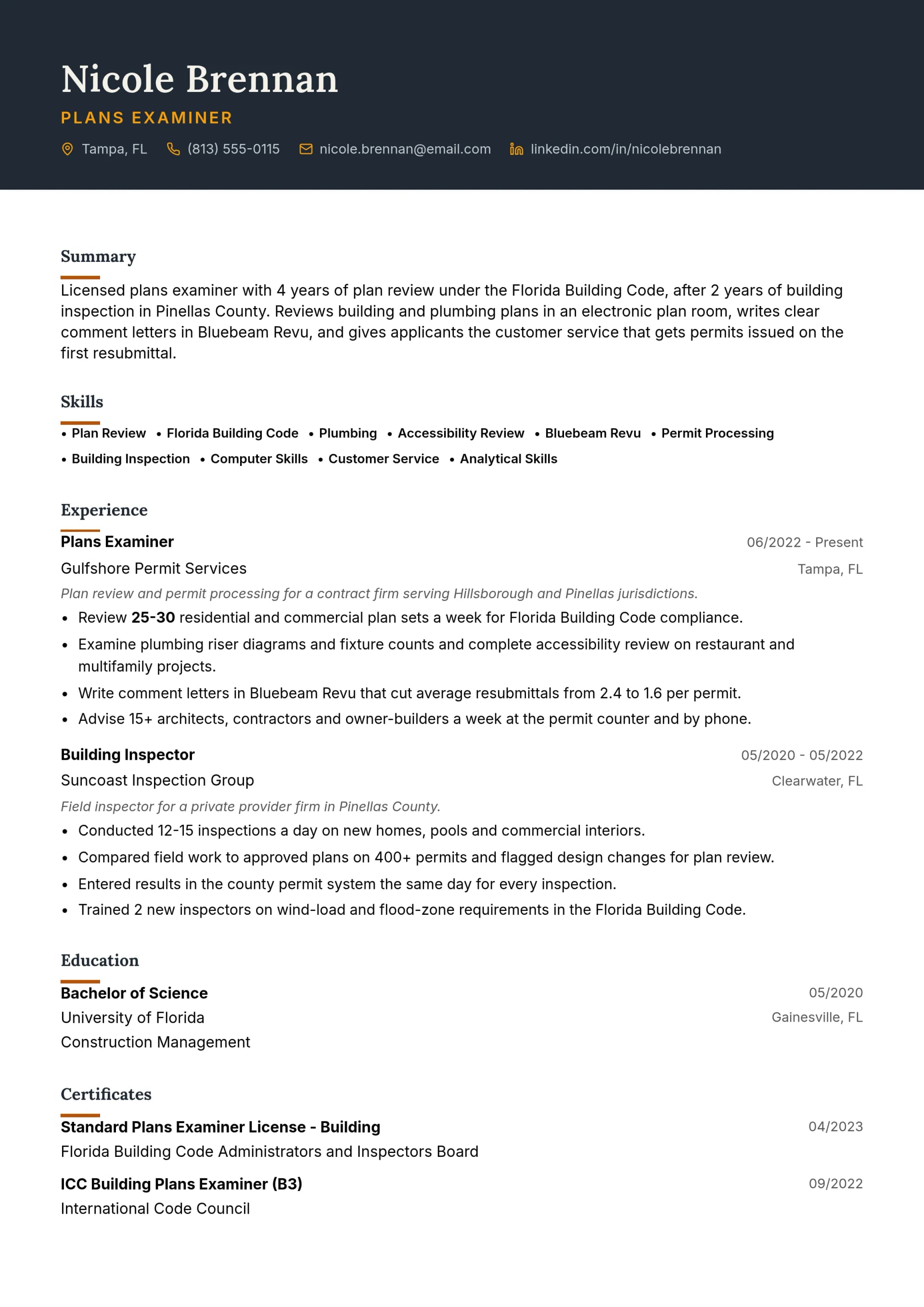 Code Enforcement Officer resume example