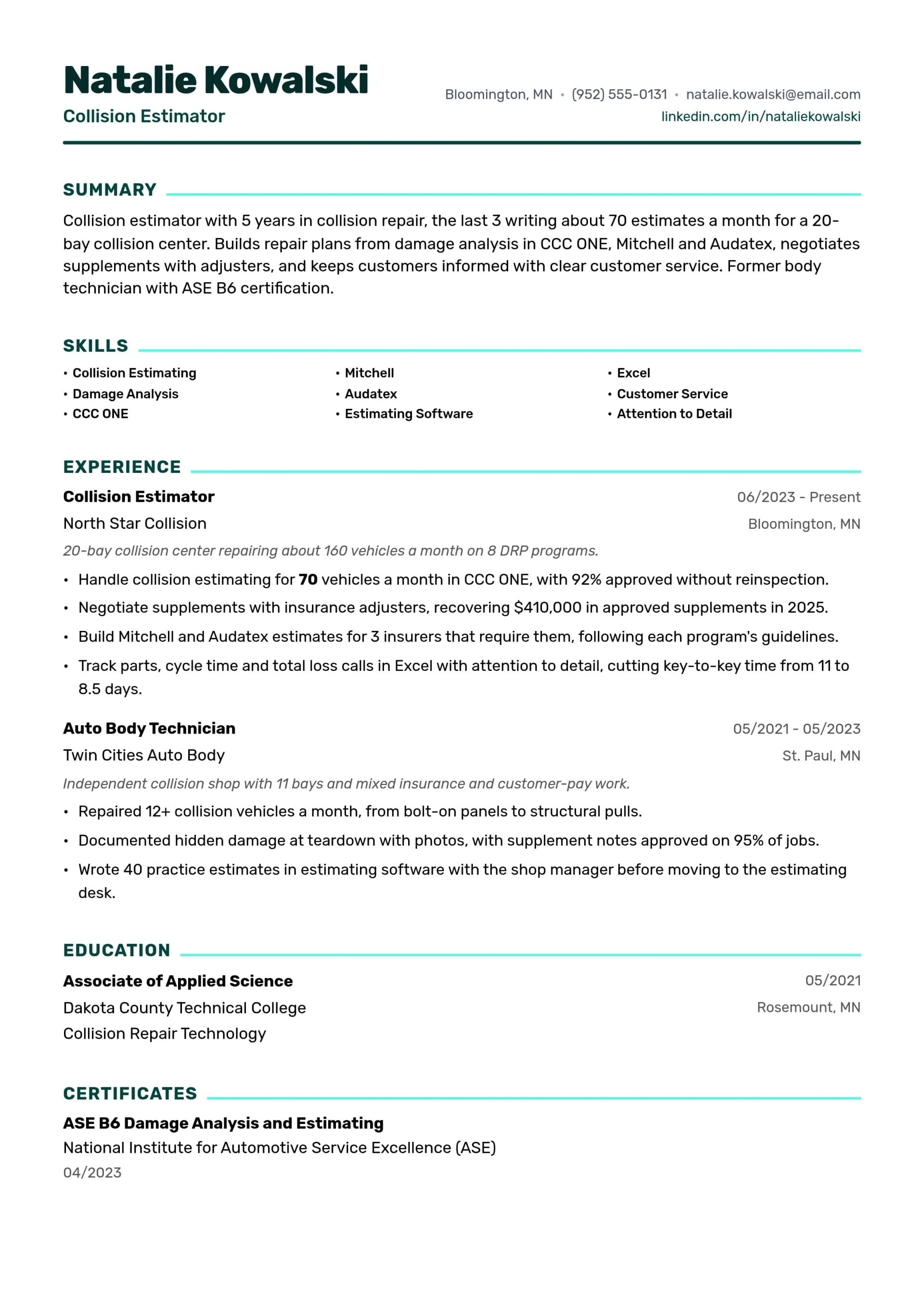 Collision Estimator resume example