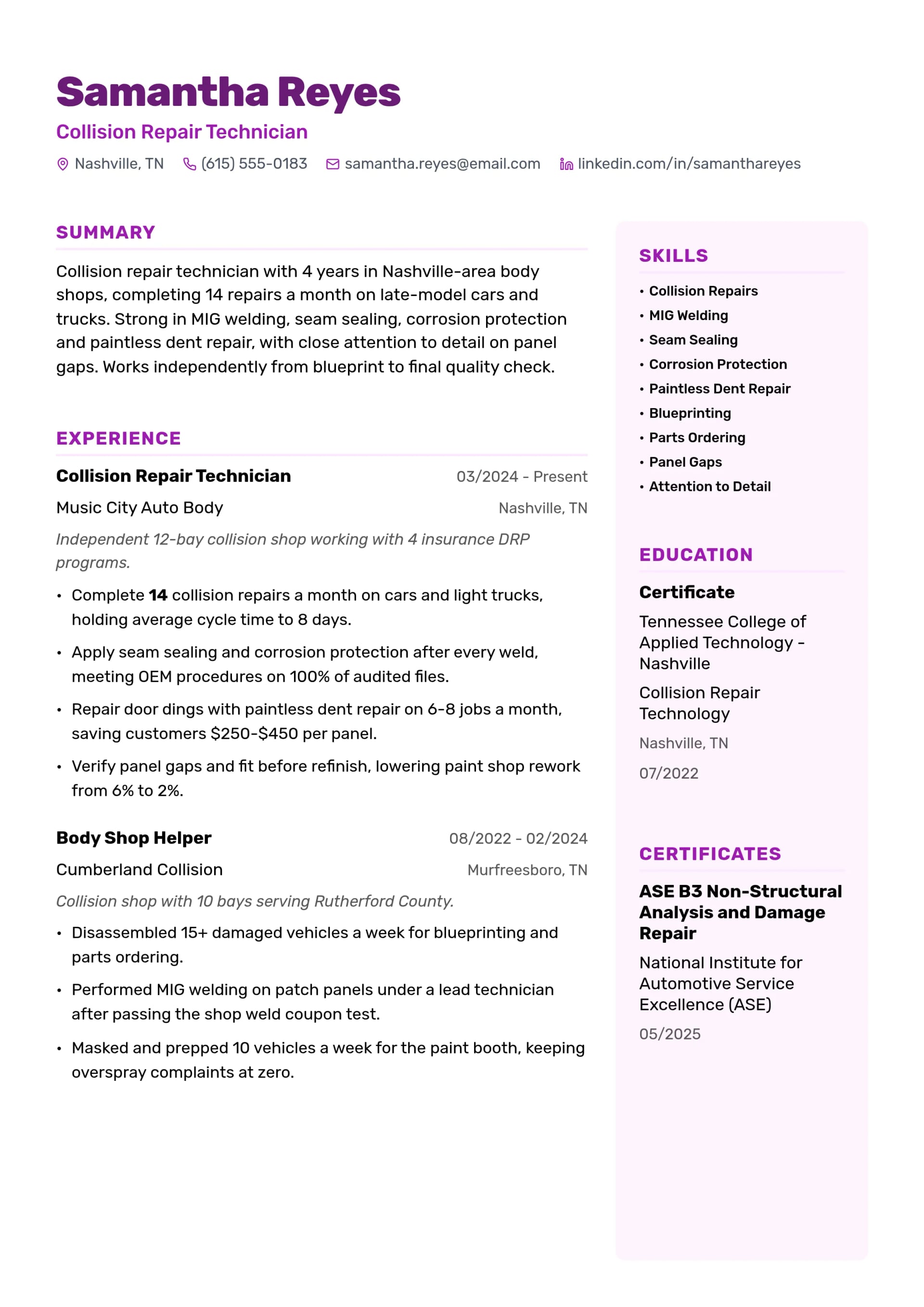 Collision Repair Technician resume example