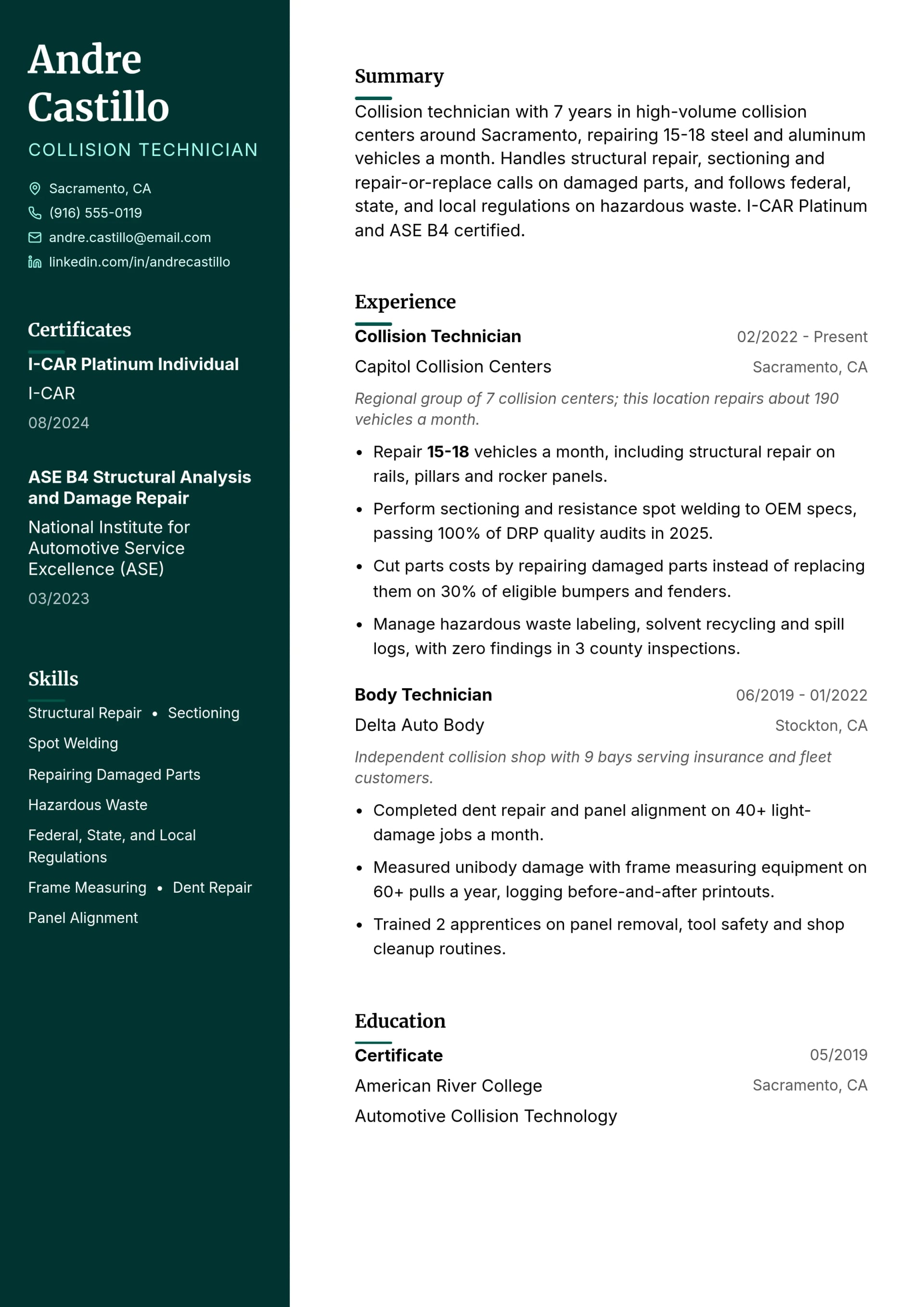 Collision Technician resume example