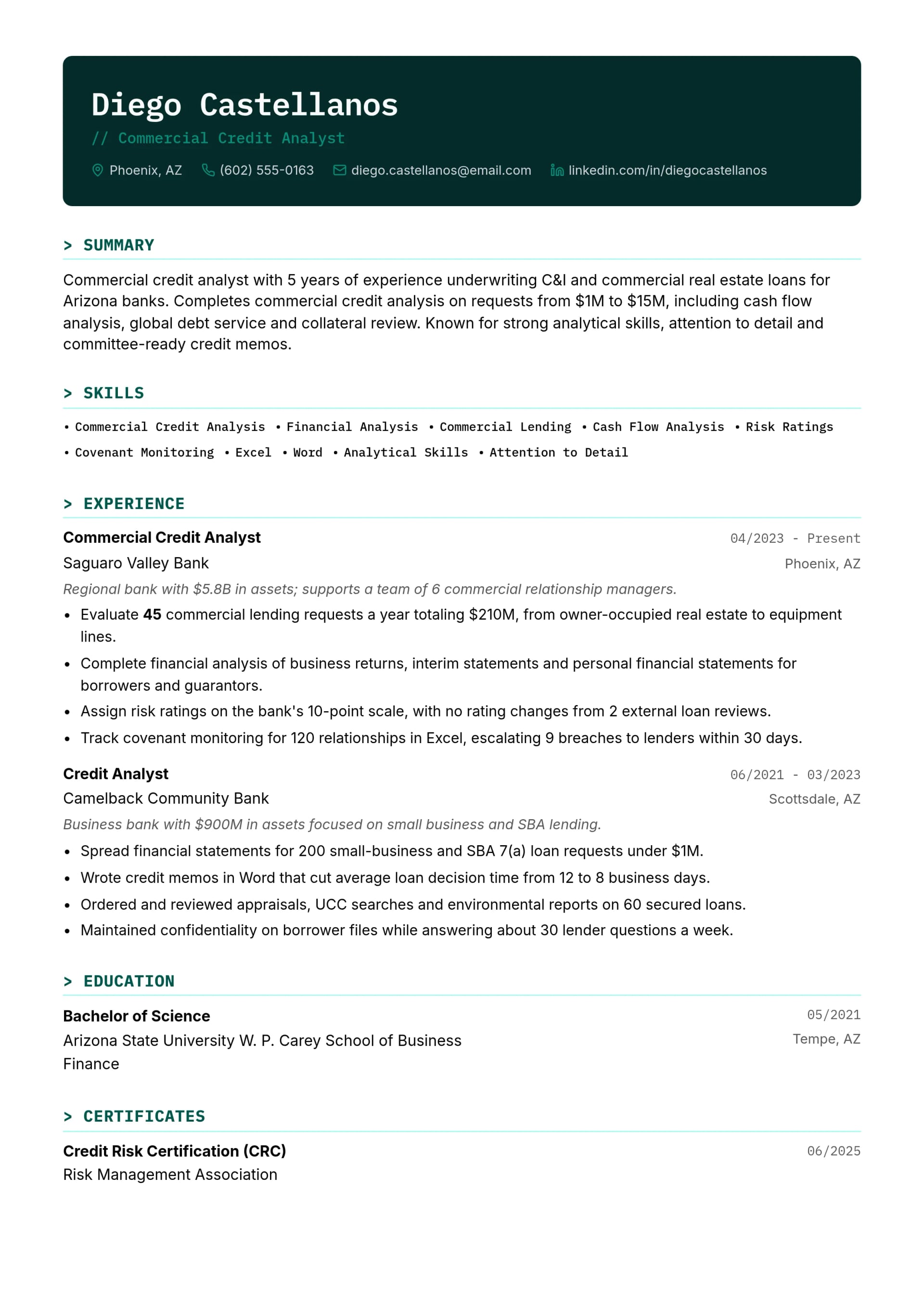 Commercial Credit Analyst resume example