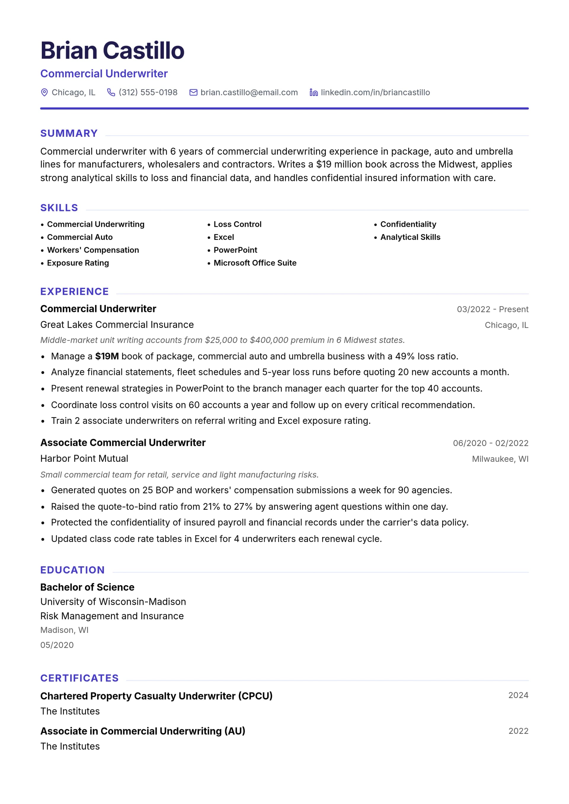 Commercial Underwriter resume example