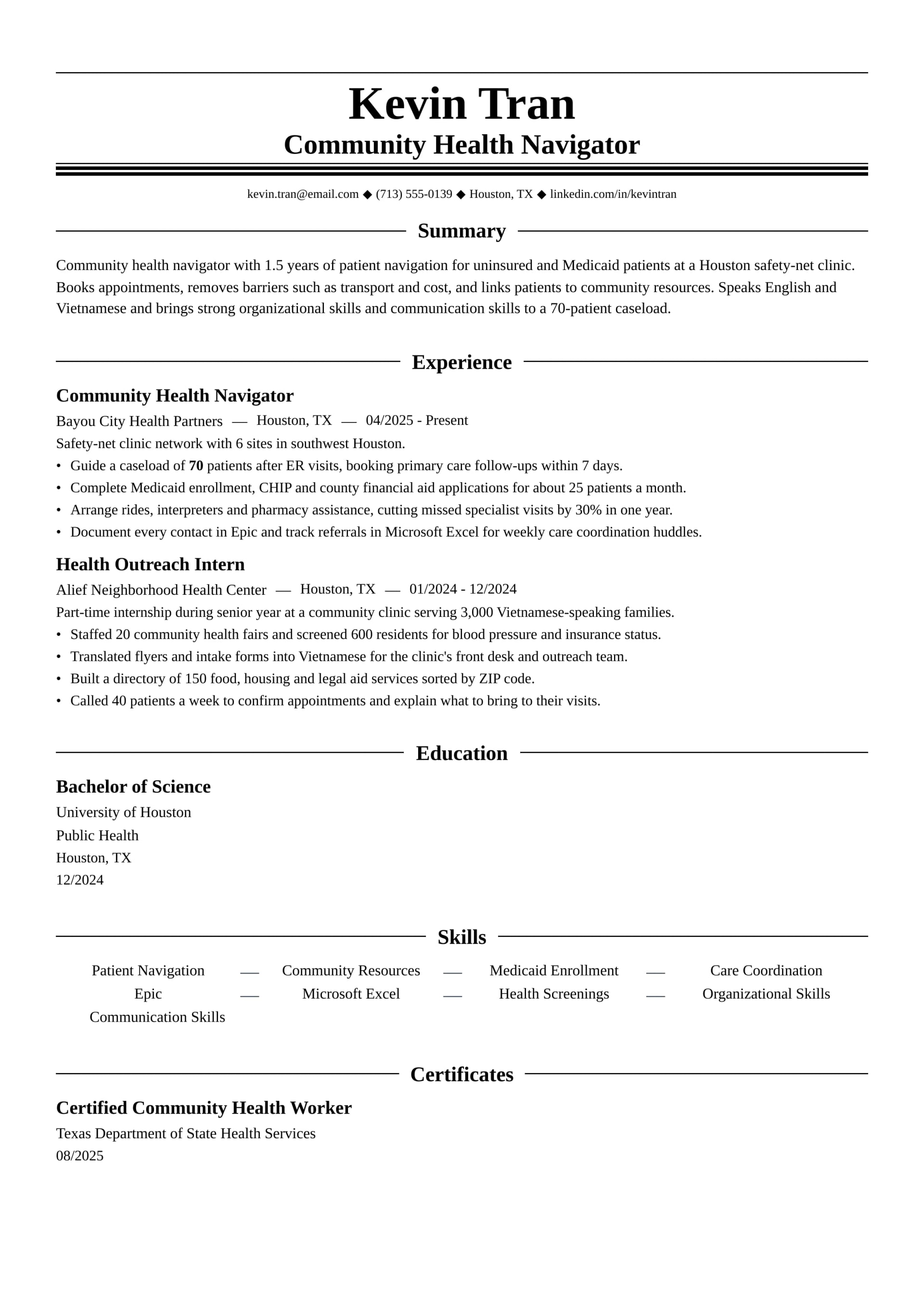 Community Health Navigator resume example