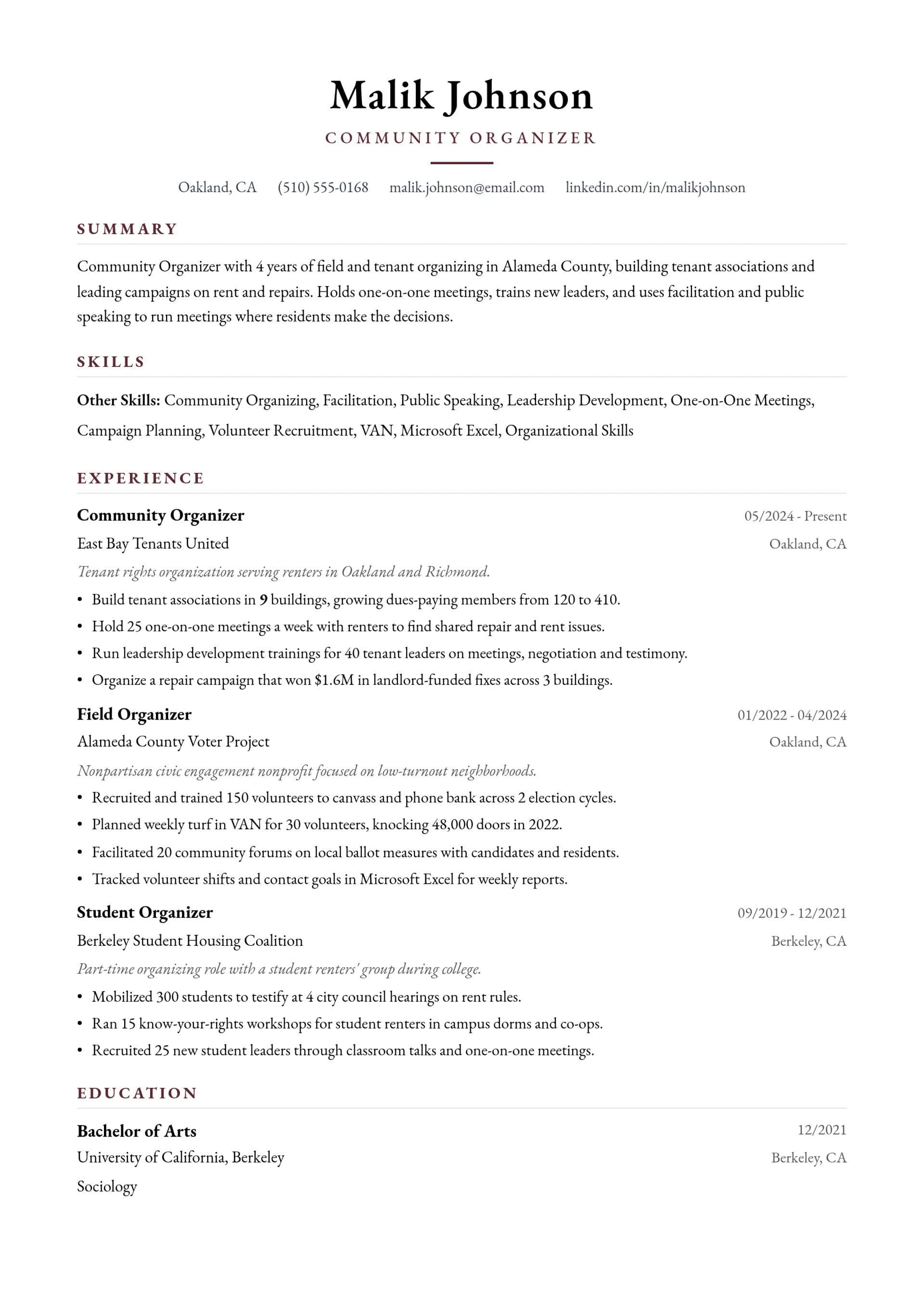 Community Organizer resume example
