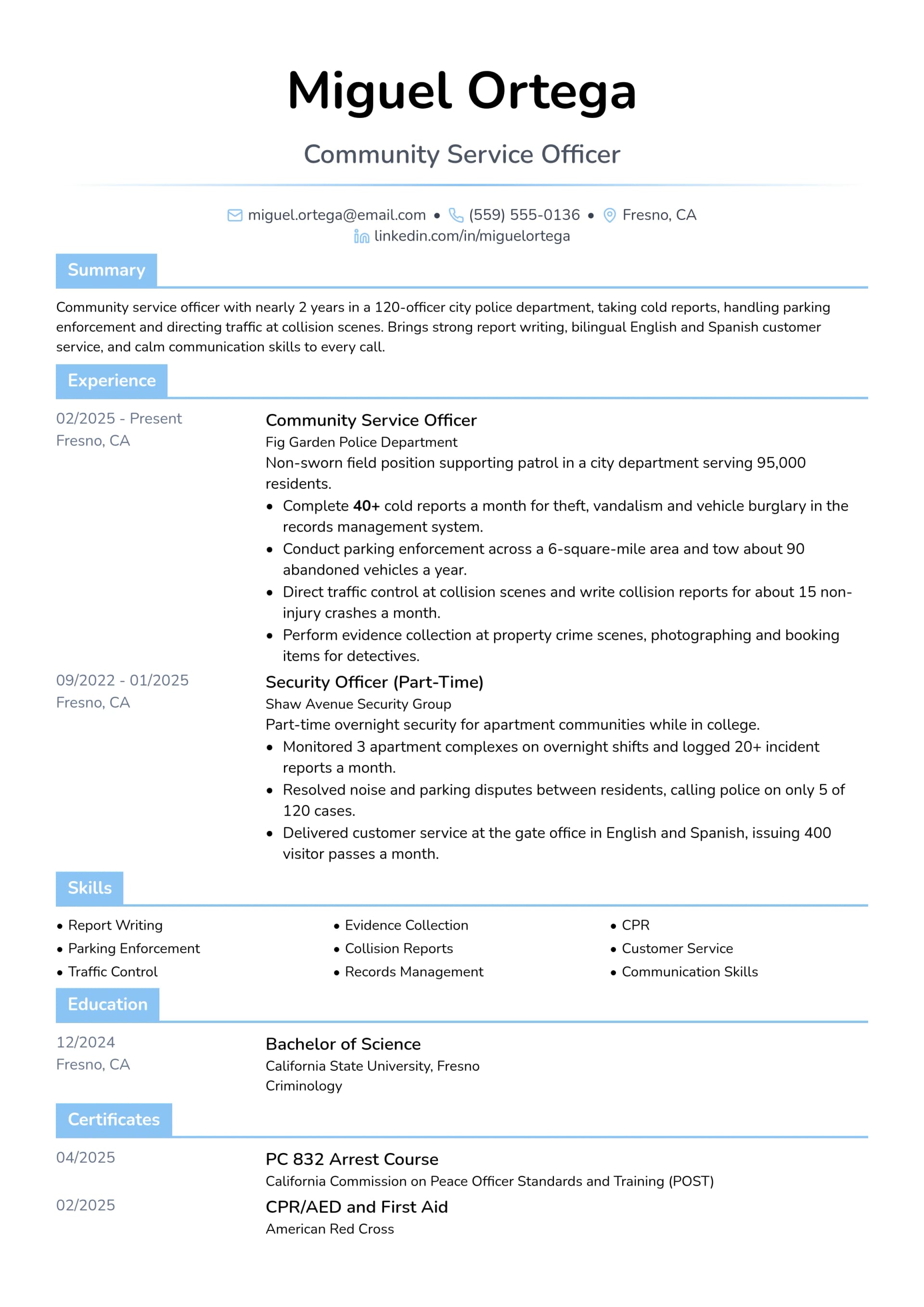 Community Service Officer resume example