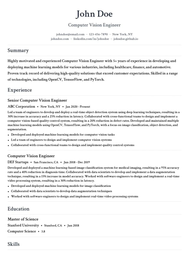 Computer Vision Engineer resume example