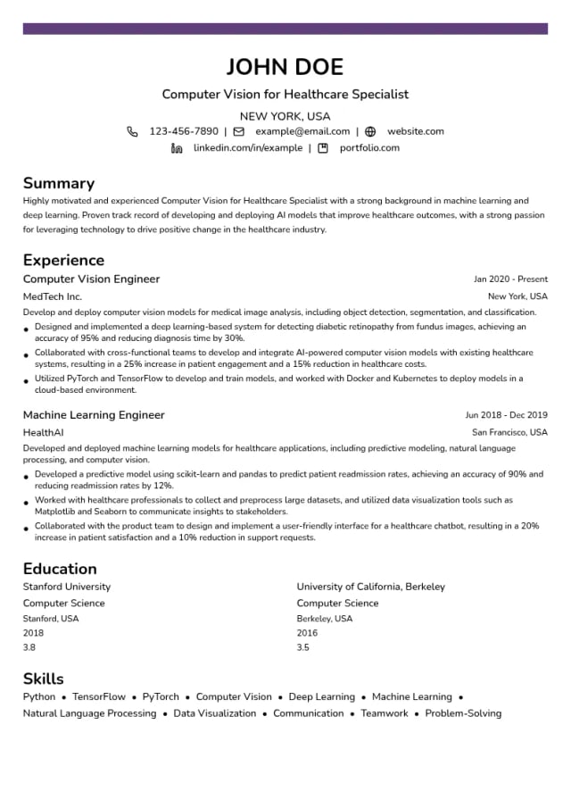 Computer Vision for Healthcare Specialist resume example