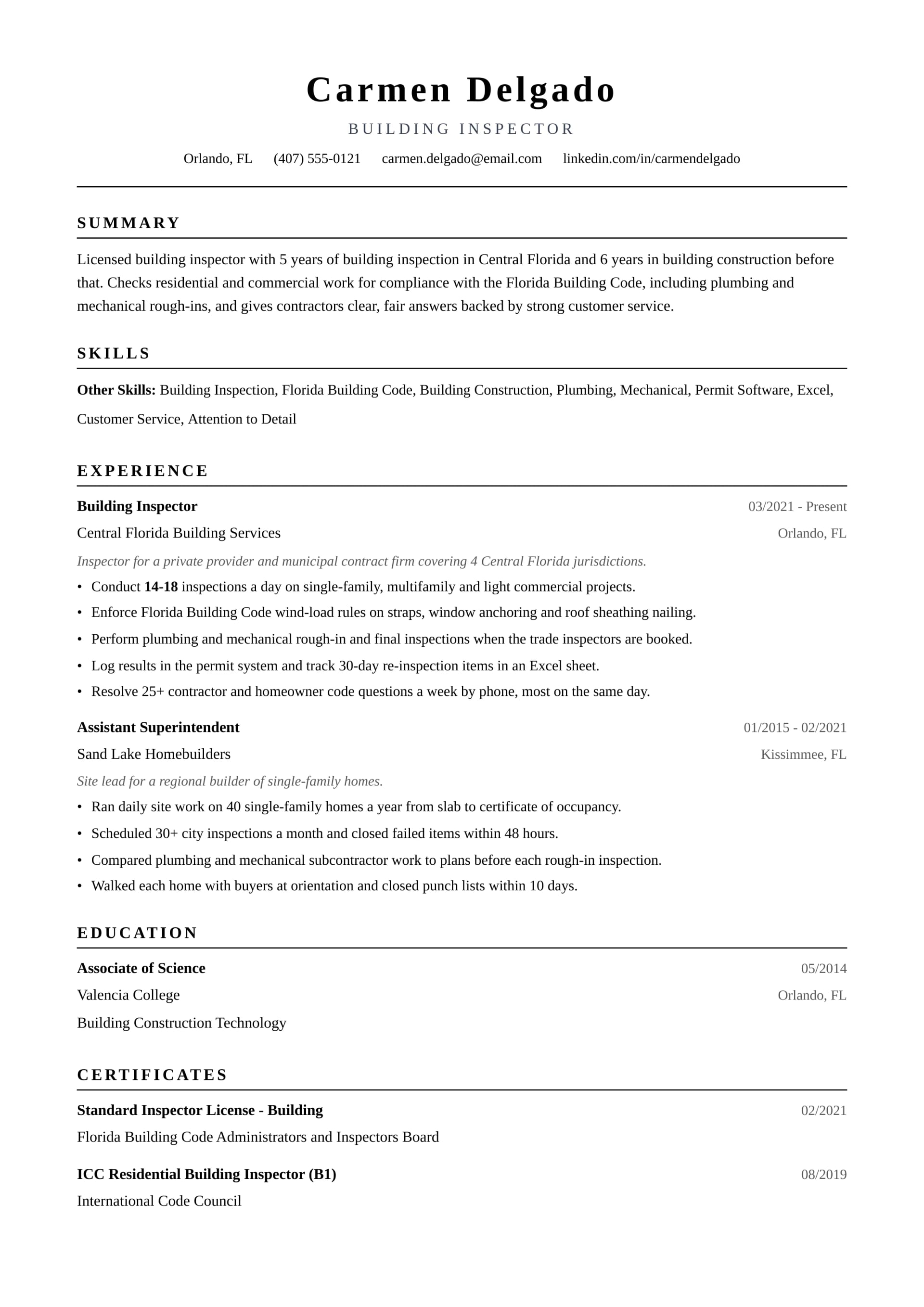 Construction Inspector resume example
