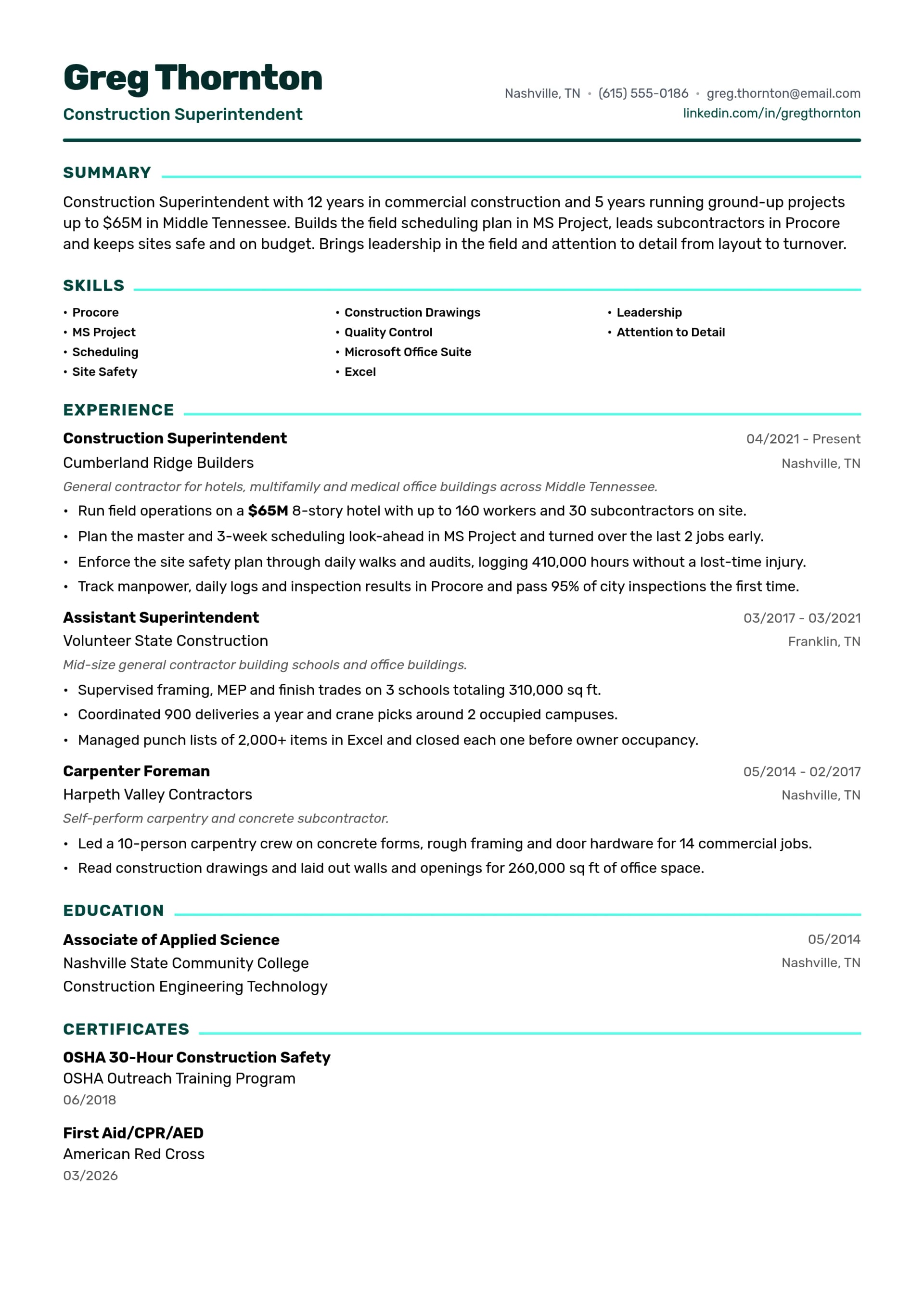 Construction Superintendent resume example