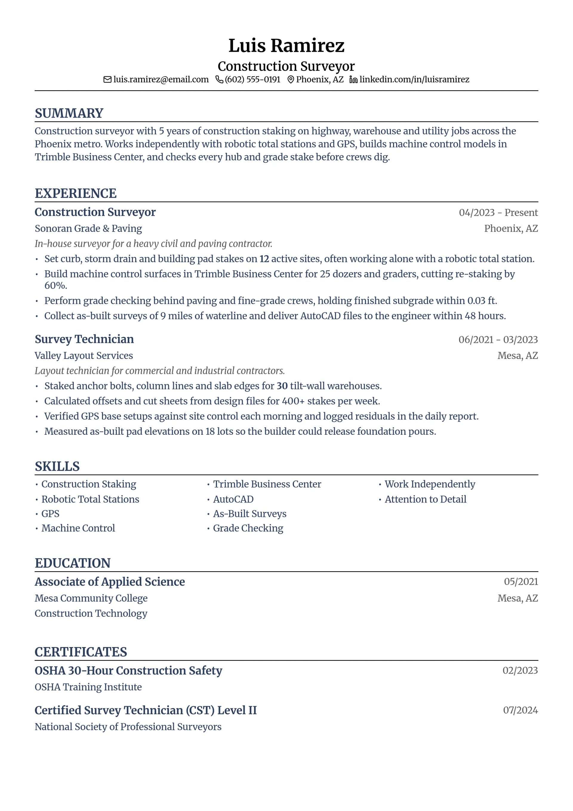 Construction Surveyor resume example