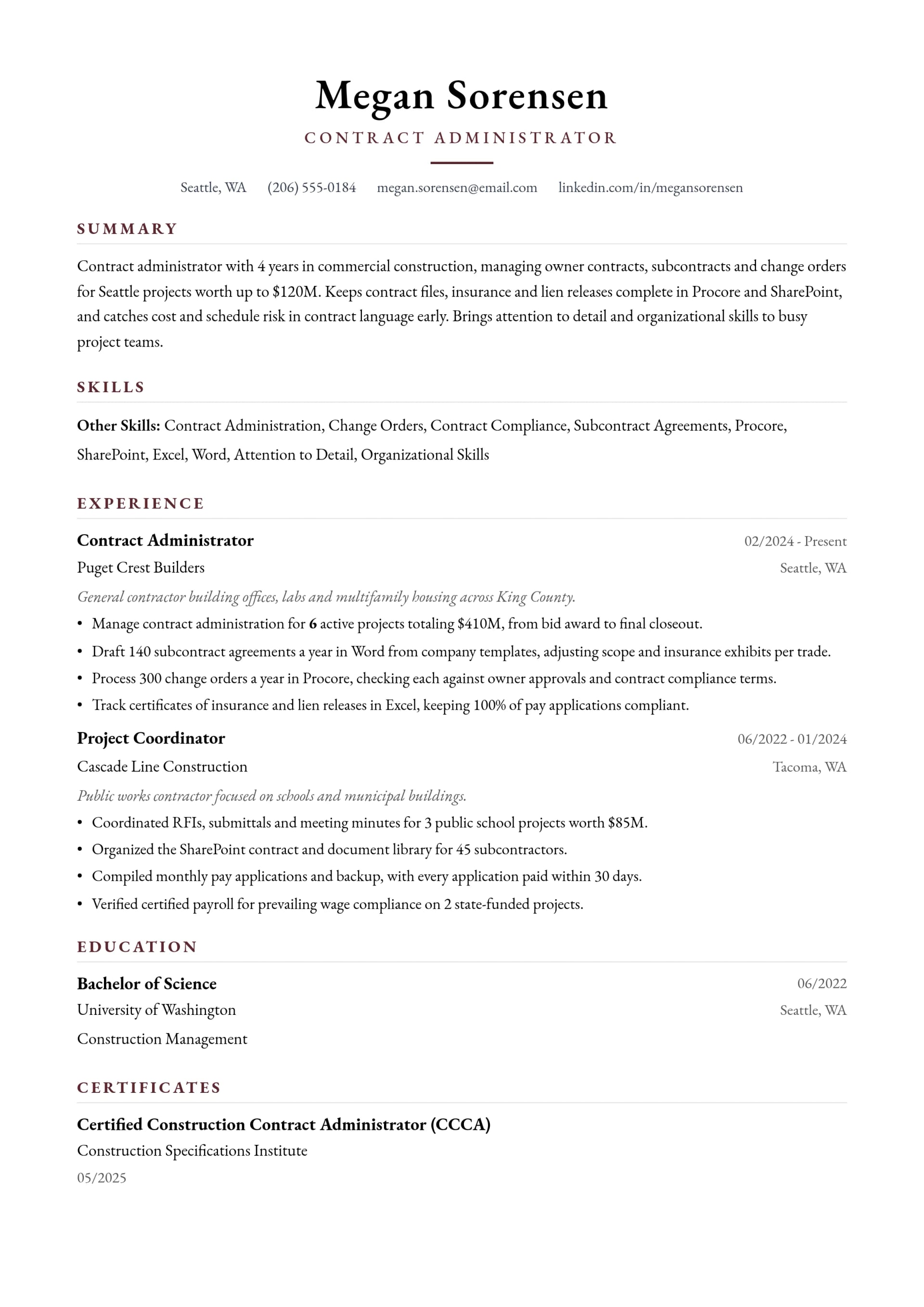 Contract Administrator resume example