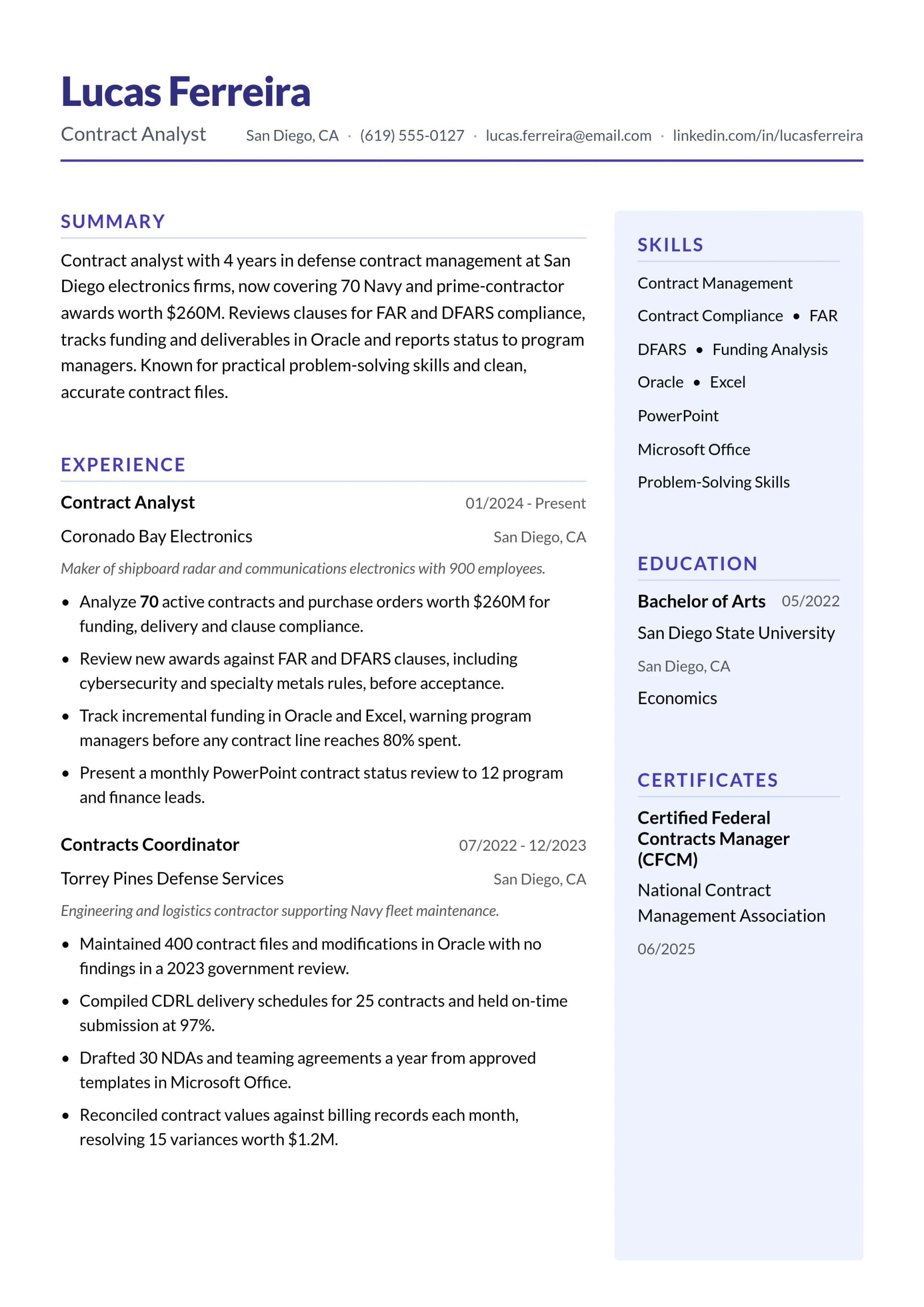 Contract Analyst resume example
