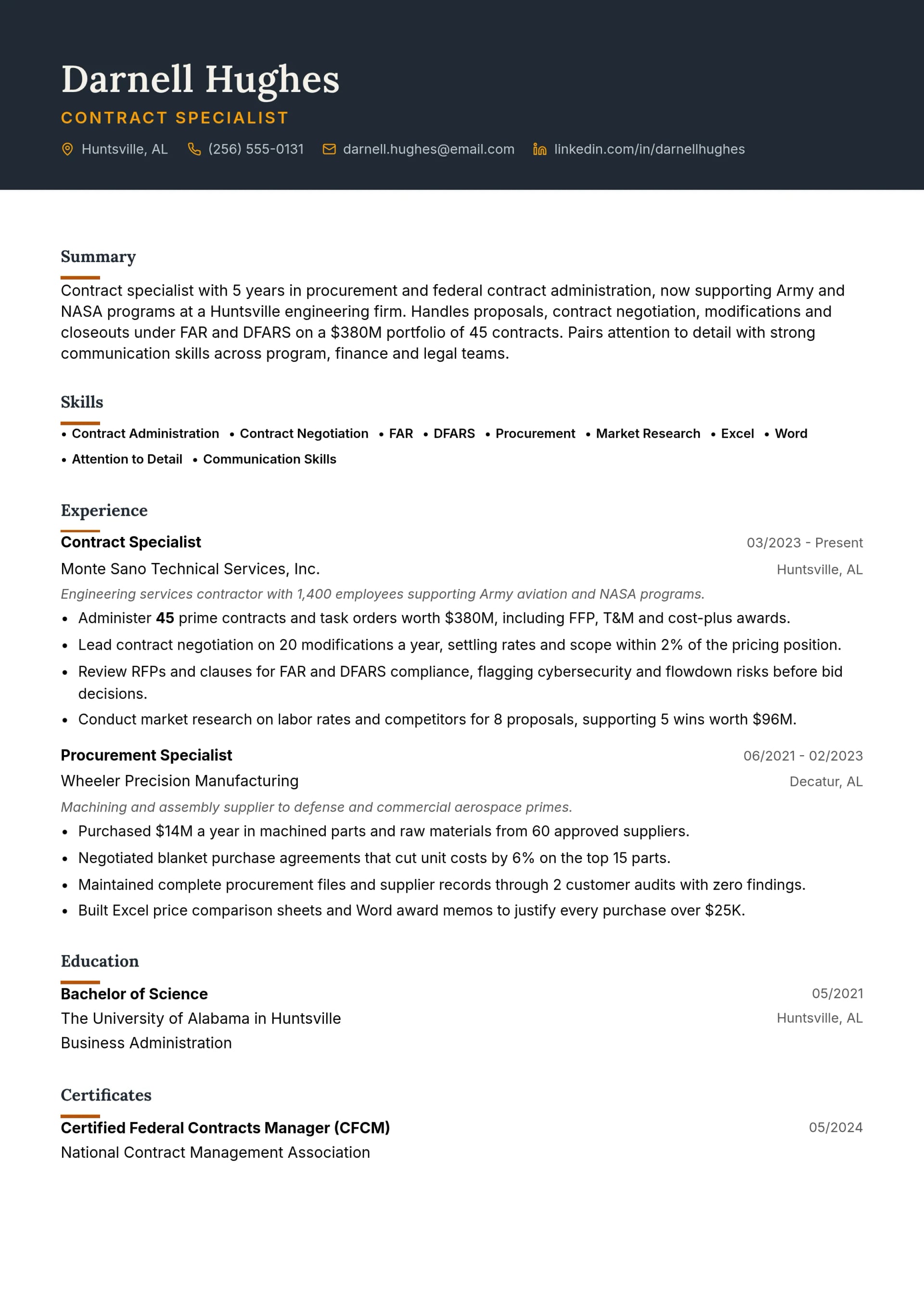 Contract Specialist resume example