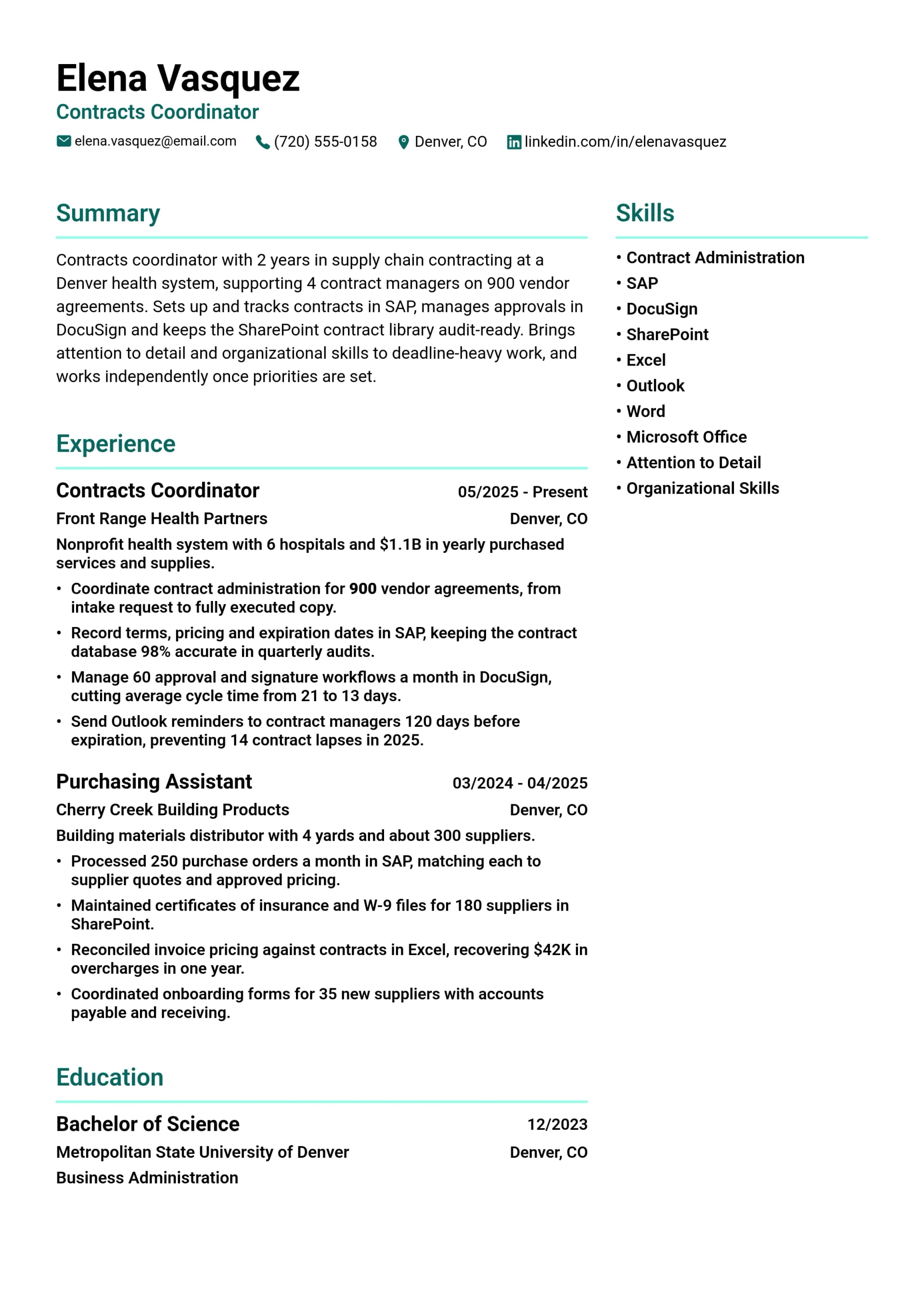 Contracts Coordinator resume example