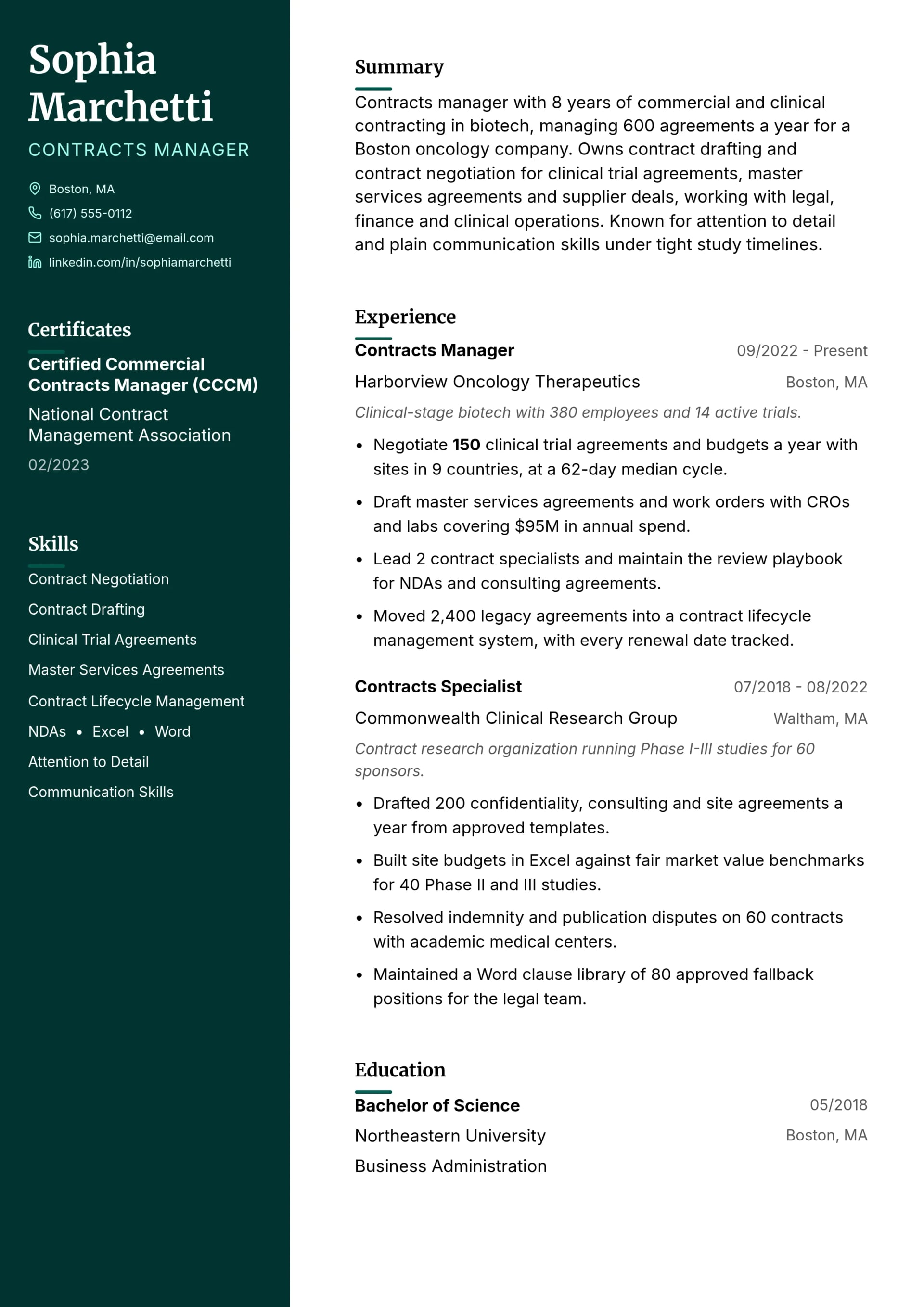 Contracts Manager resume example
