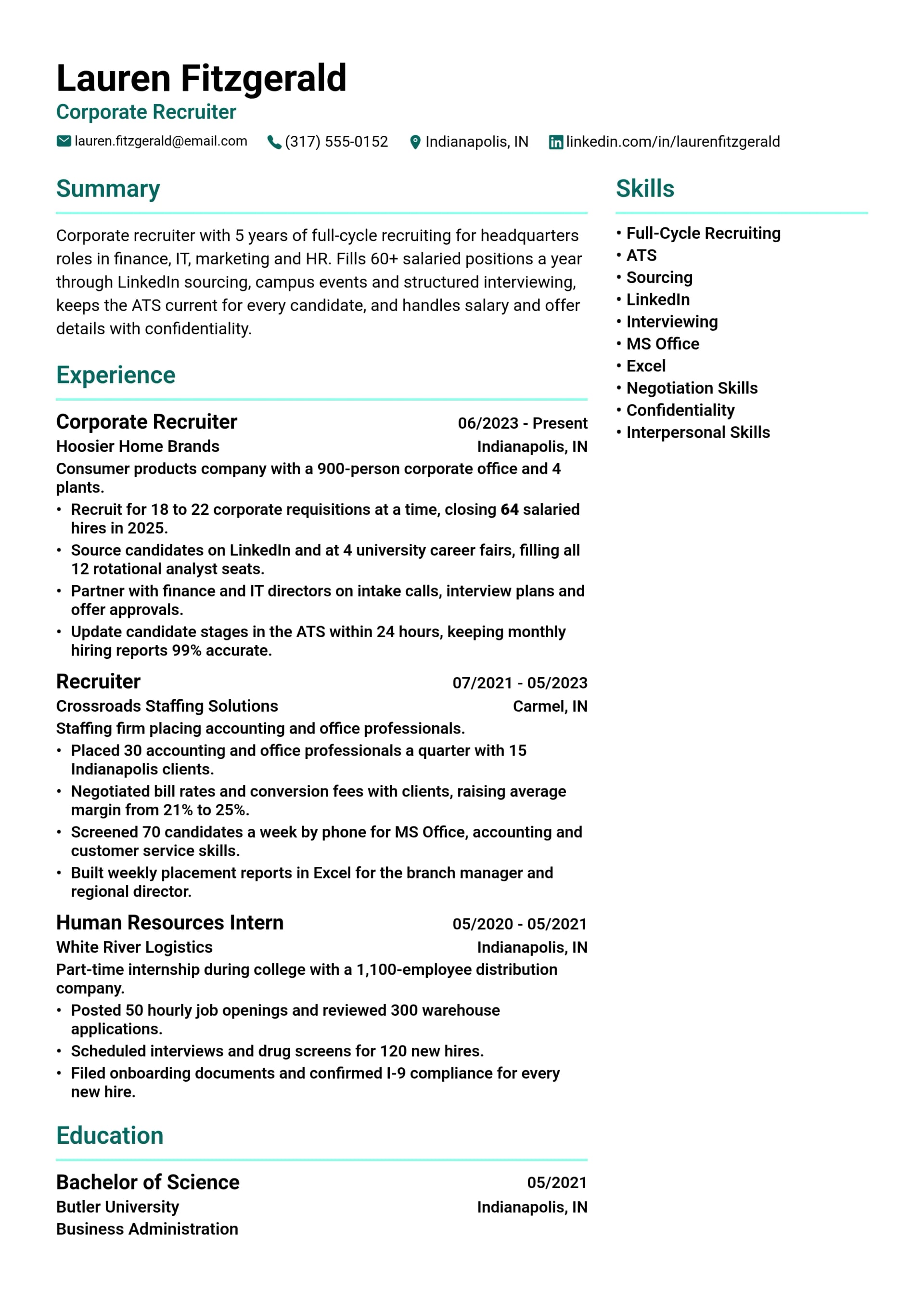 Corporate Recruiter resume example