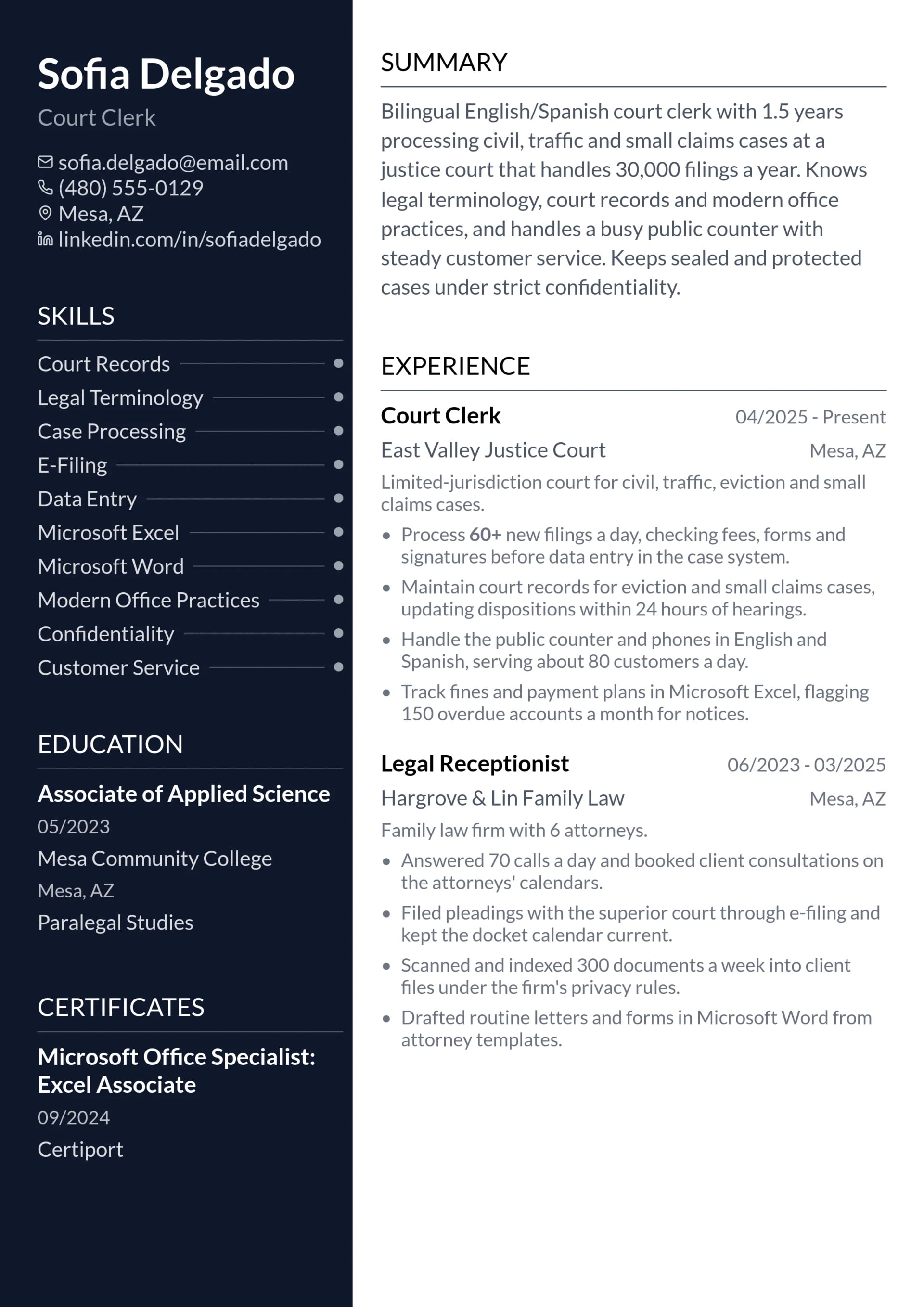 Court Clerk resume example