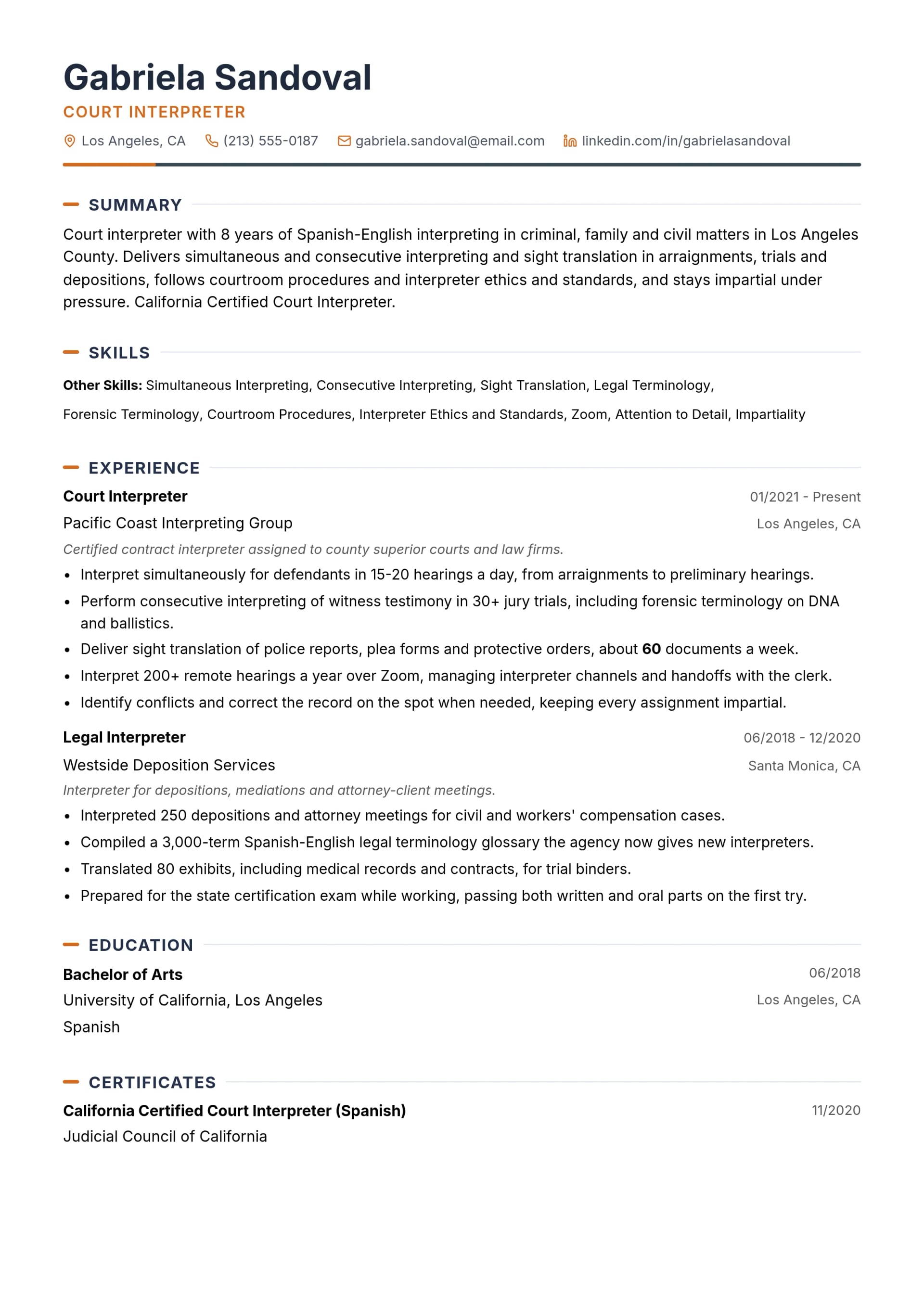 Court Interpreter resume example