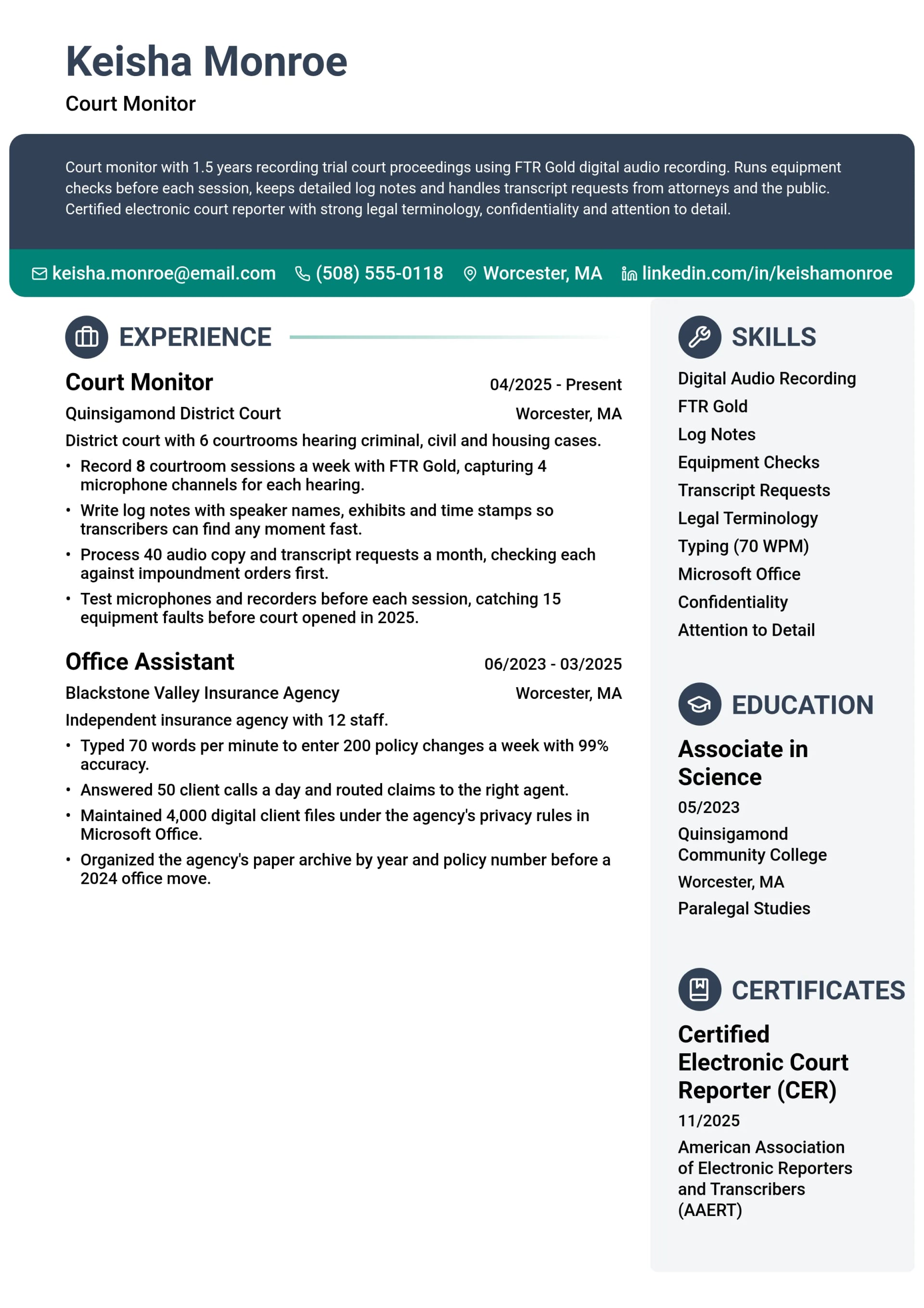 Court Monitor resume example