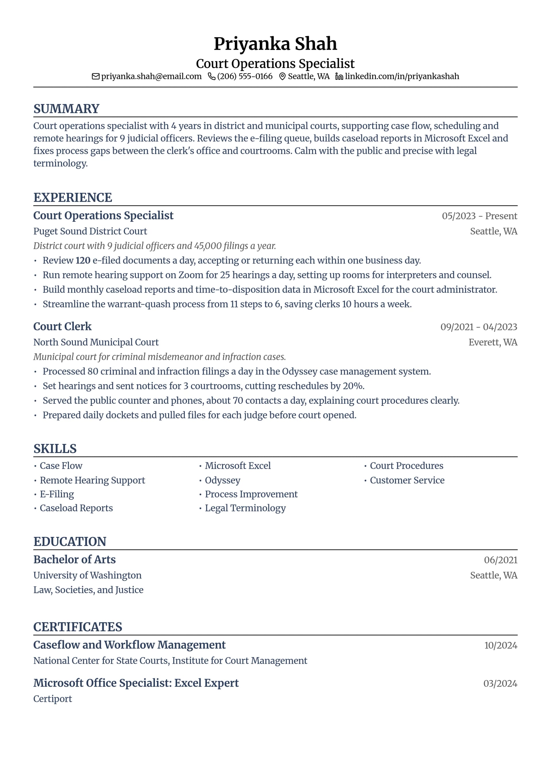 Court Operations Specialist resume example