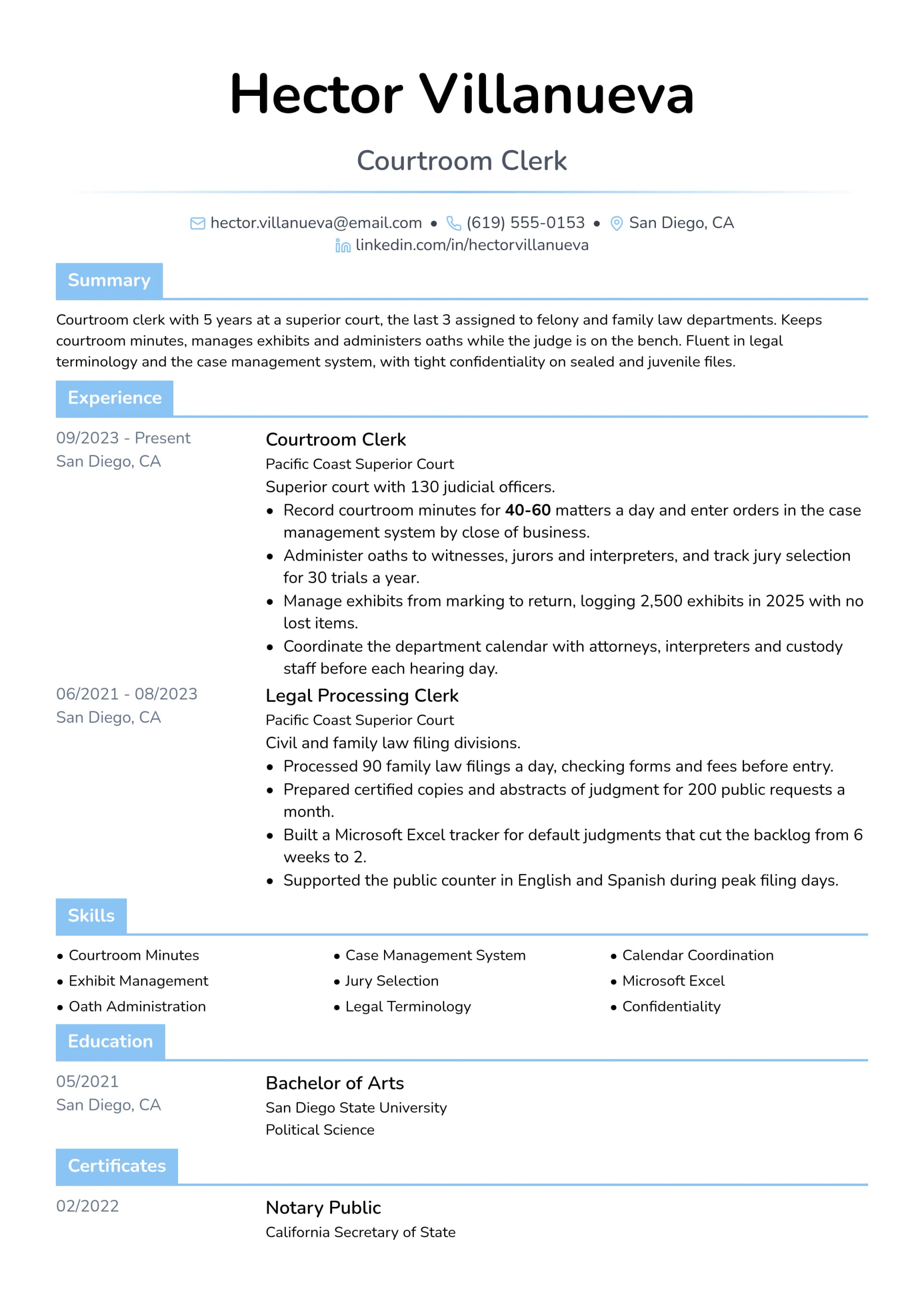 Courtroom Clerk resume example