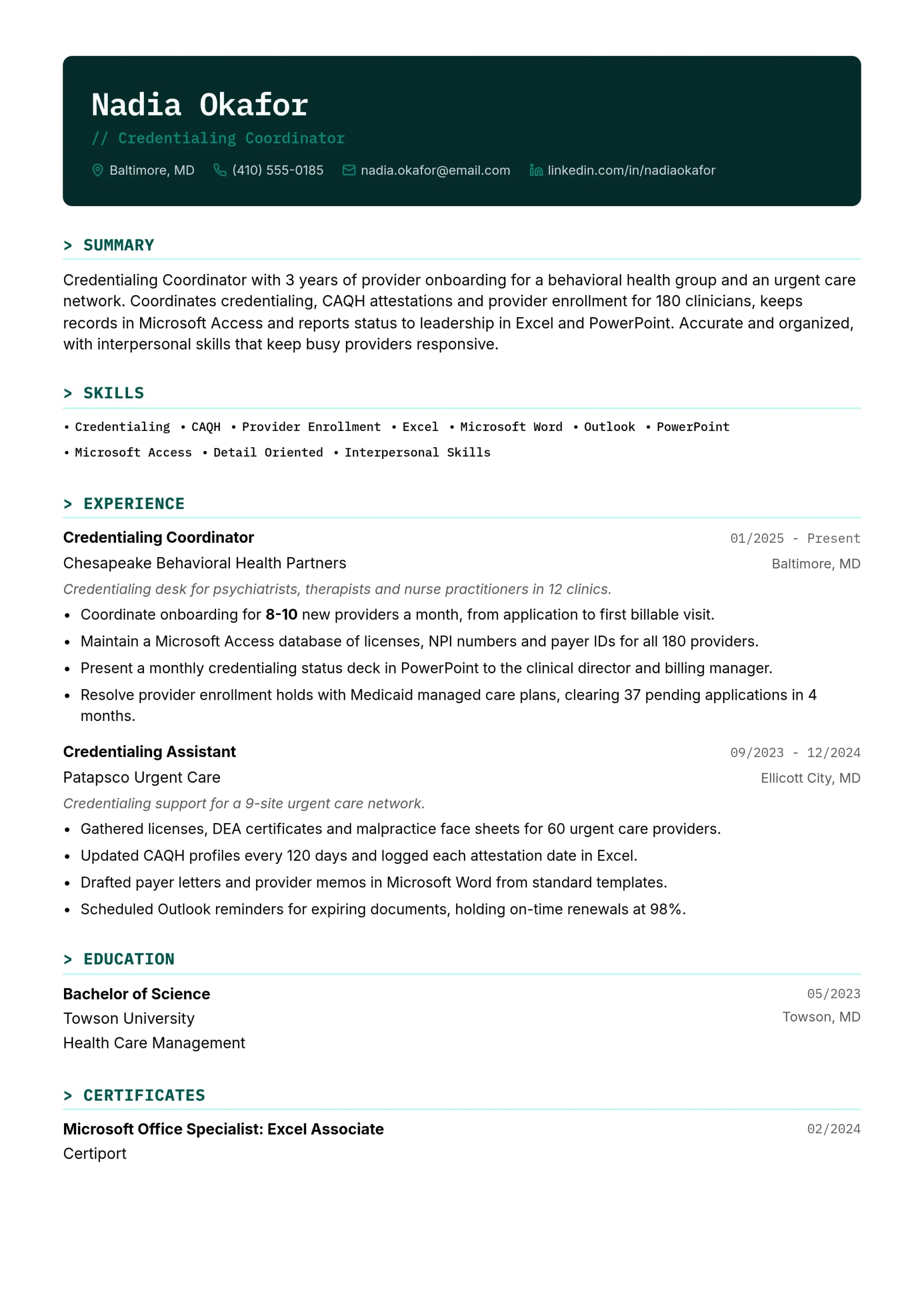 Credentialing Coordinator resume example