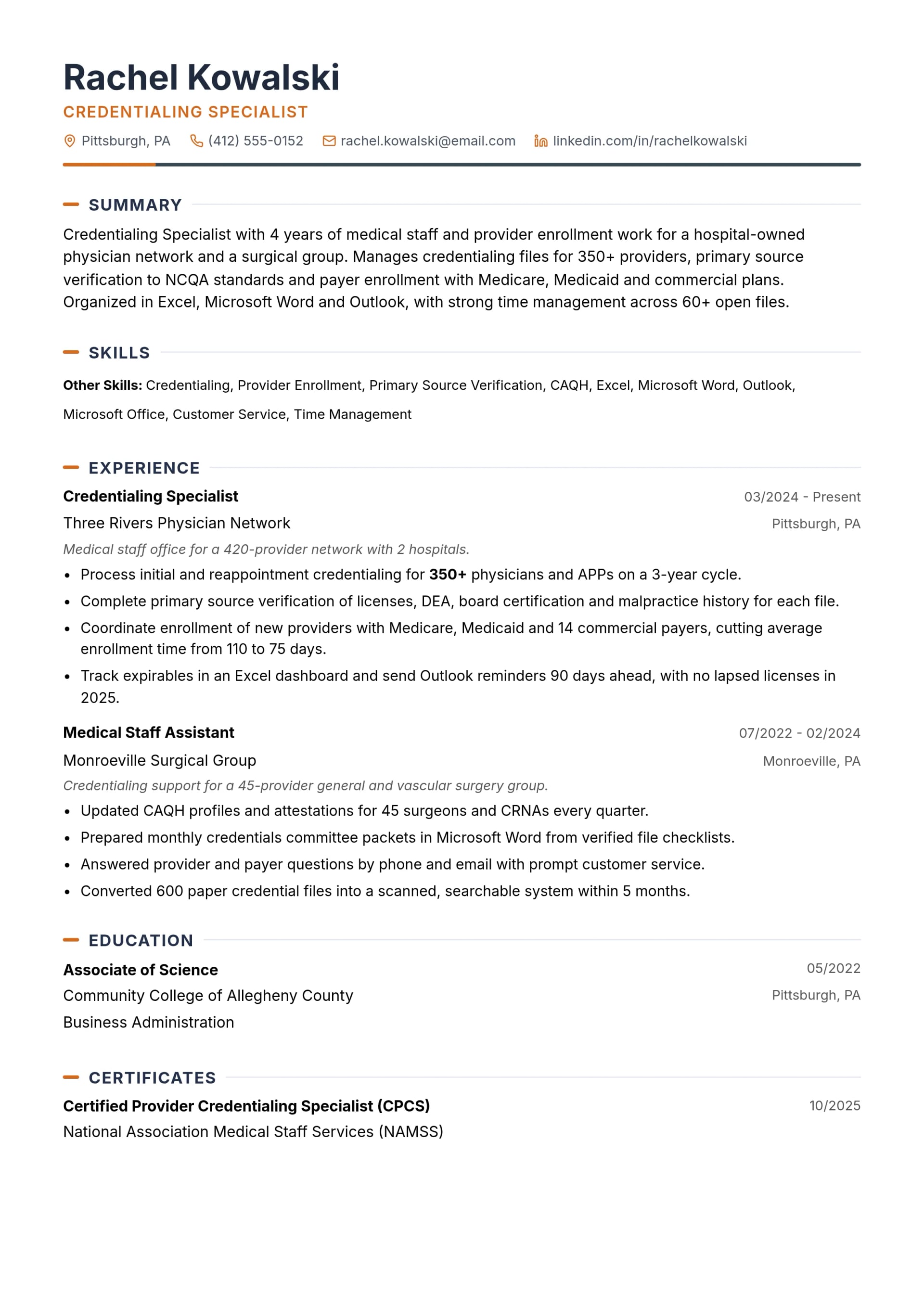 Credentialing Specialist resume example