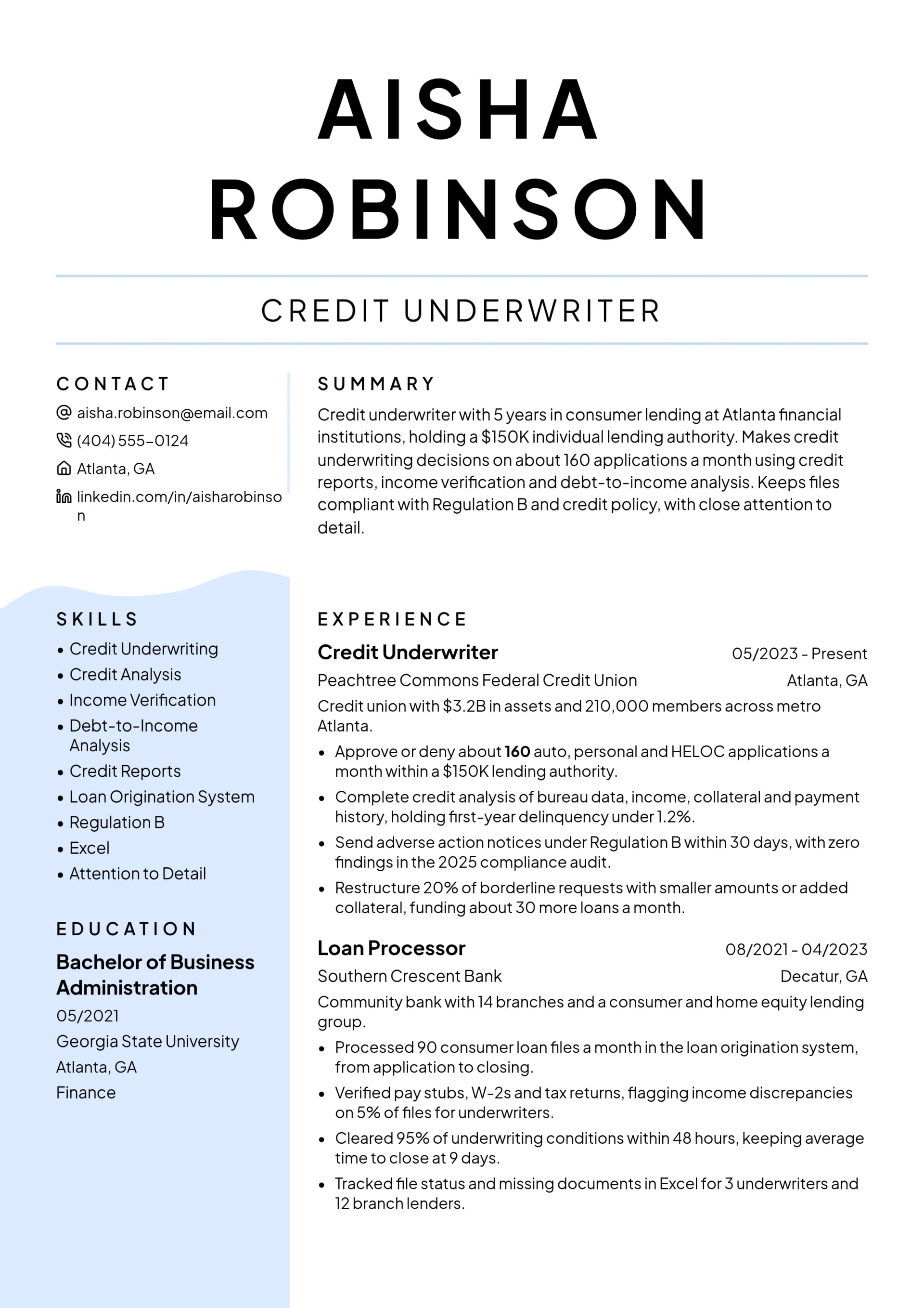 Credit Underwriter resume example