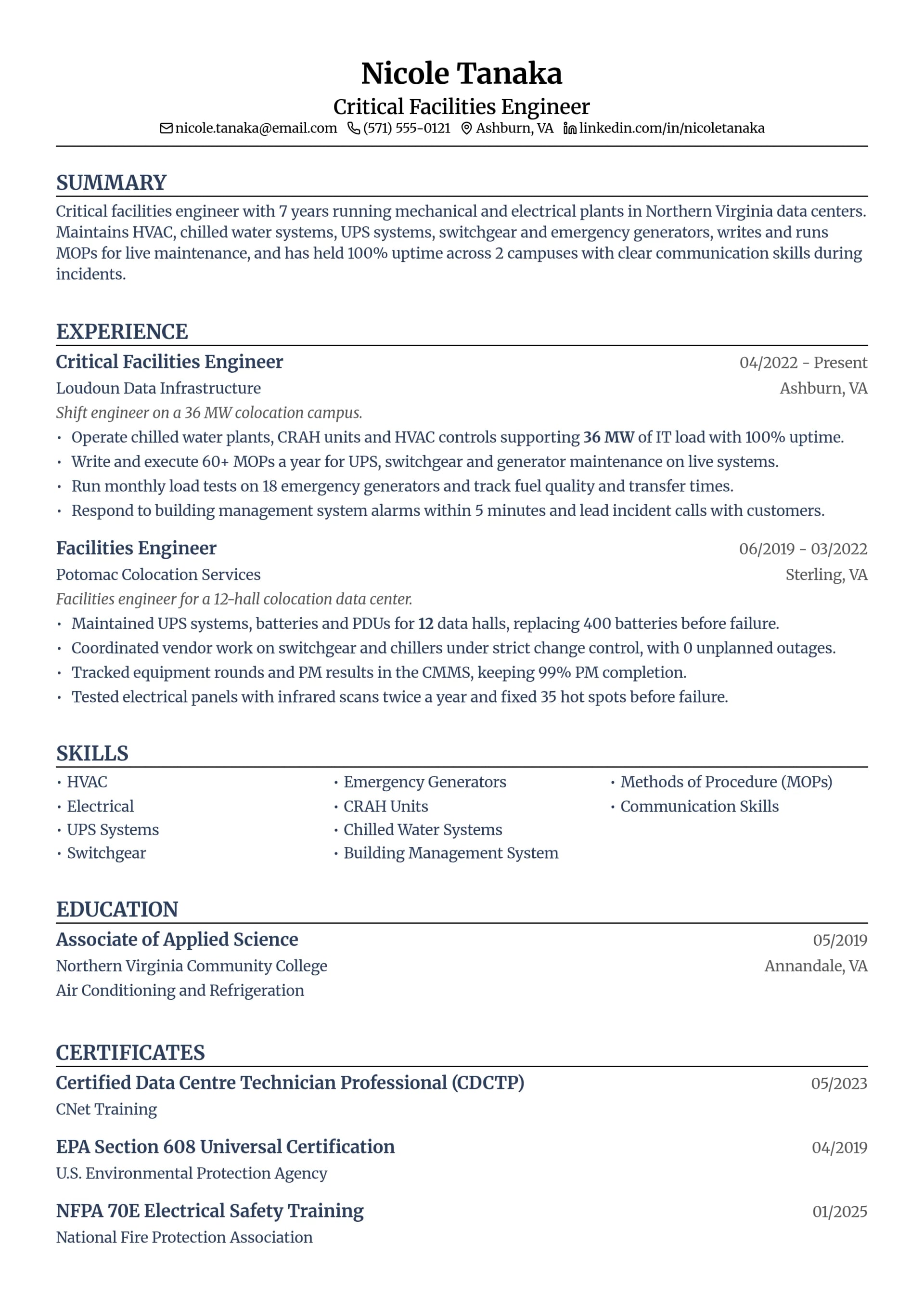 Critical Facilities Engineer resume example