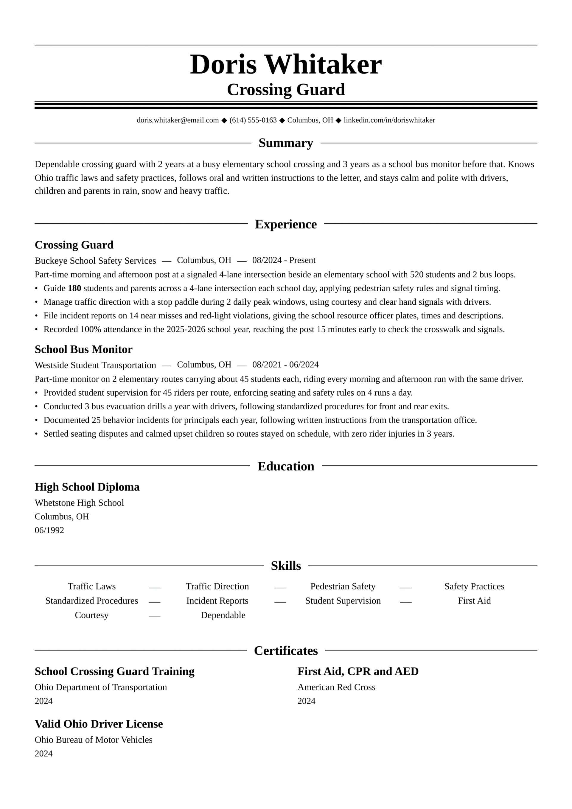 Crossing Guard resume example