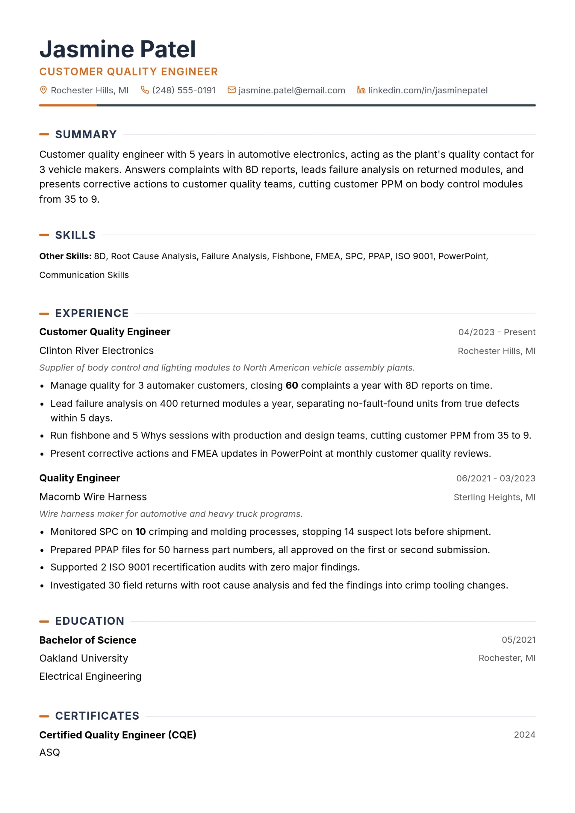 Customer Quality Engineer resume example