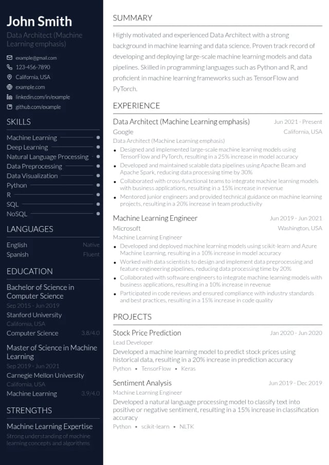 Data Architect (Machine Learning emphasis) resume example
