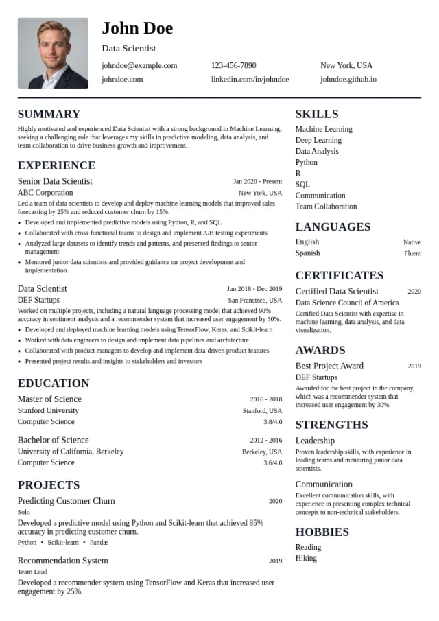 Data Scientist - Machine Learning resume example