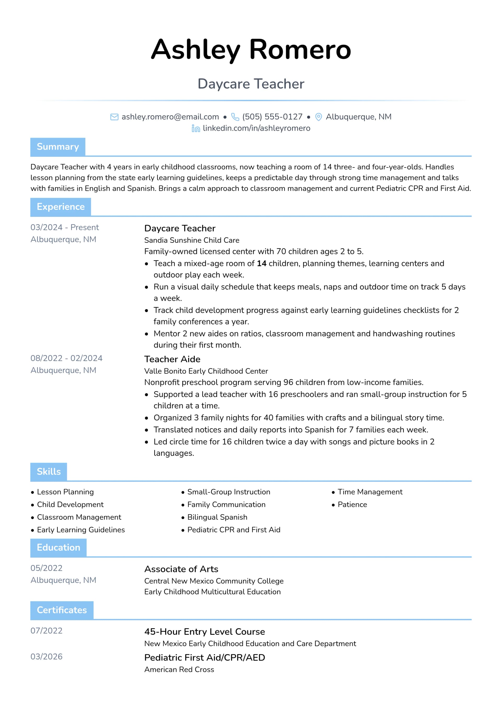 Daycare Teacher resume example
