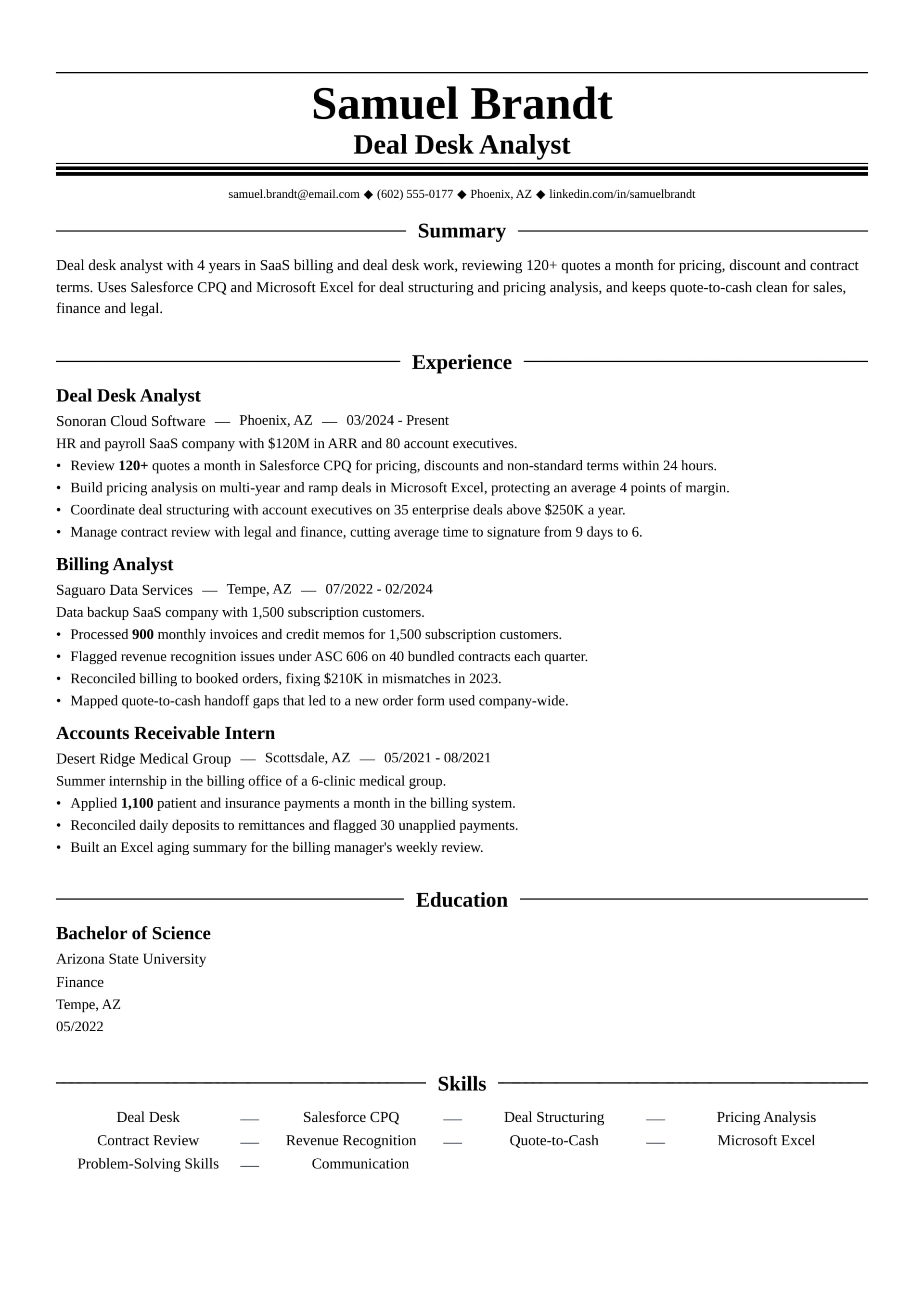 Deal Desk Analyst resume example